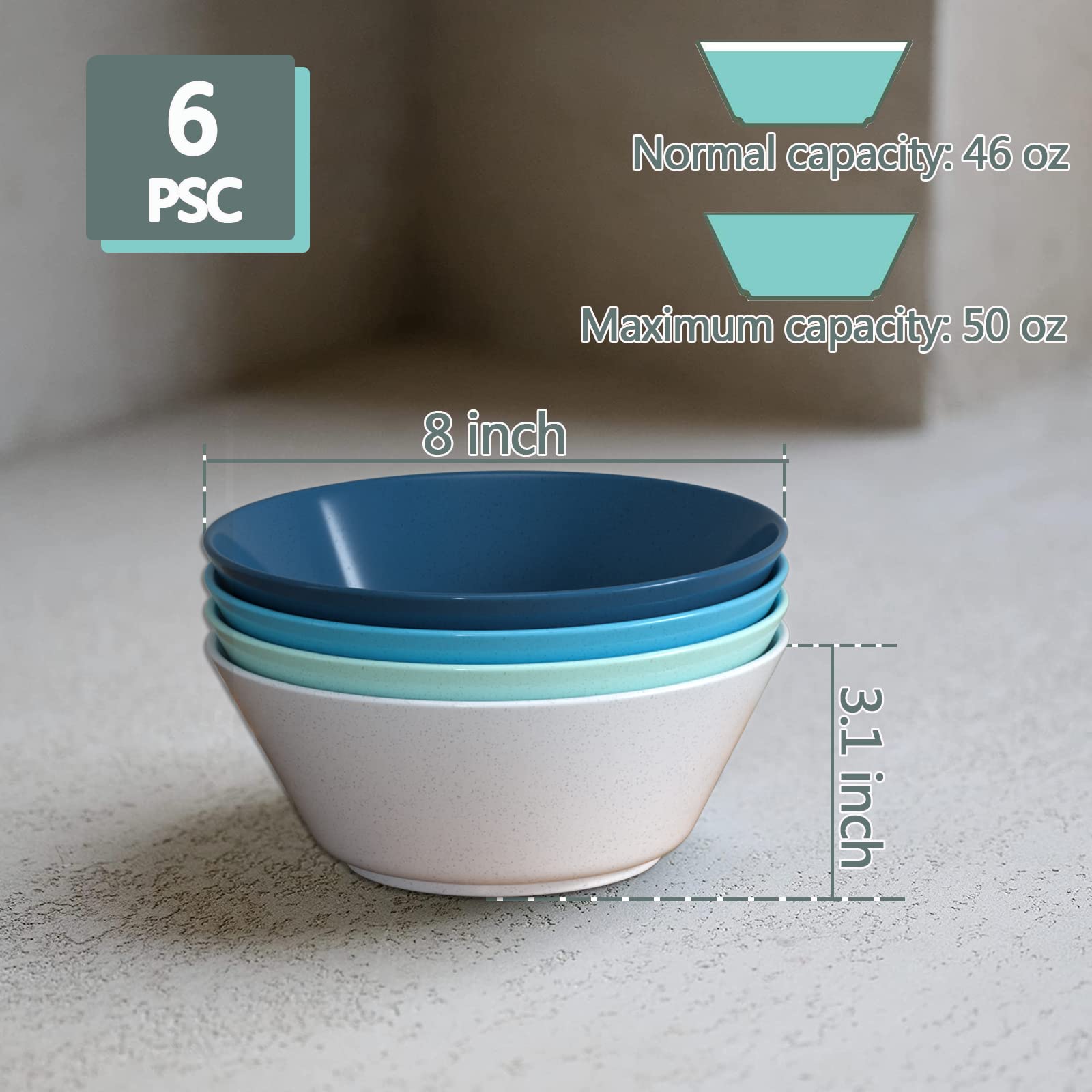 Homestockplus 50 Oz Large Cereal Bowls, Unbreakable Salad Bowl Set Of 6, Sturdy And Stackable Serving Bowls, Microwave Dishwashe