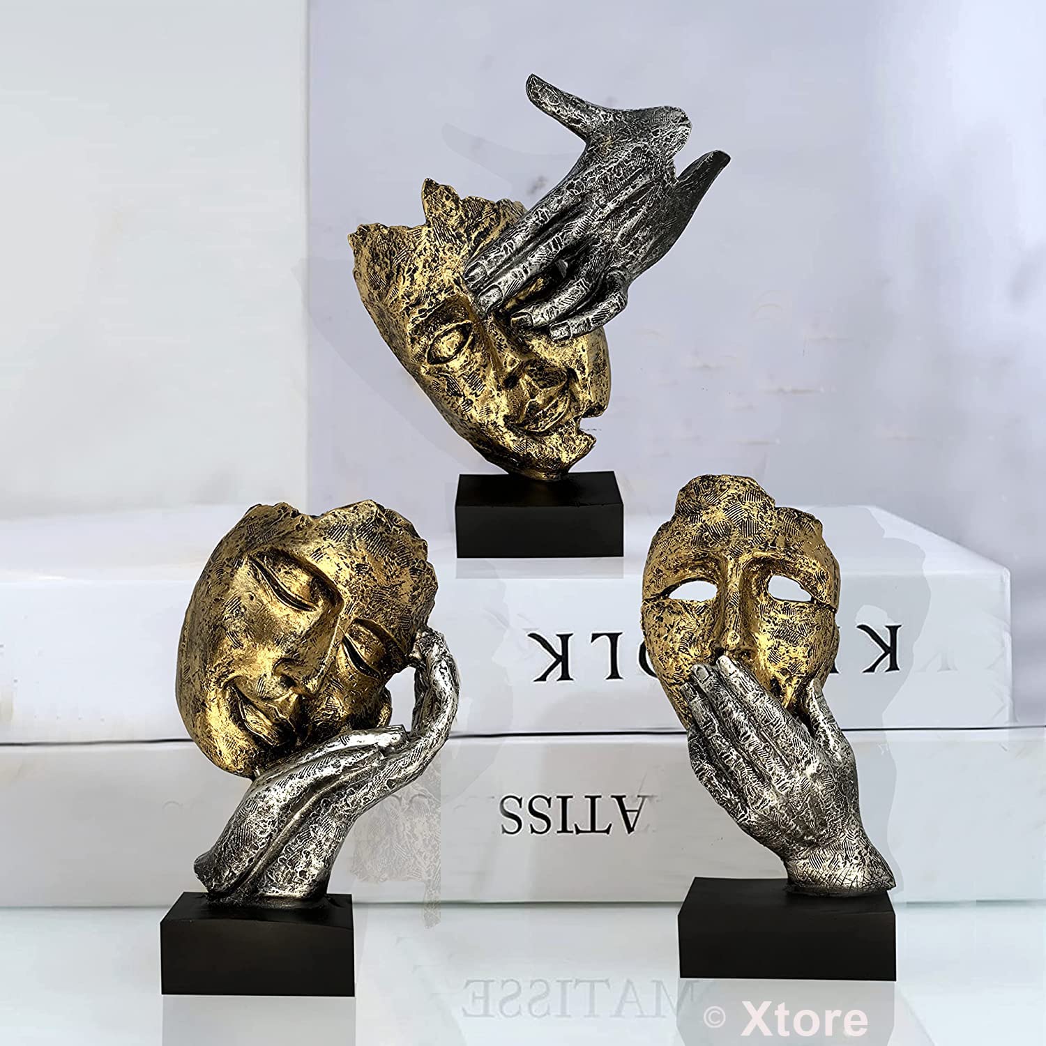 Xtore Human Face Decorative Statues | Handcrafted And Hand Painted (Pack Of 3, Gold & Silver)