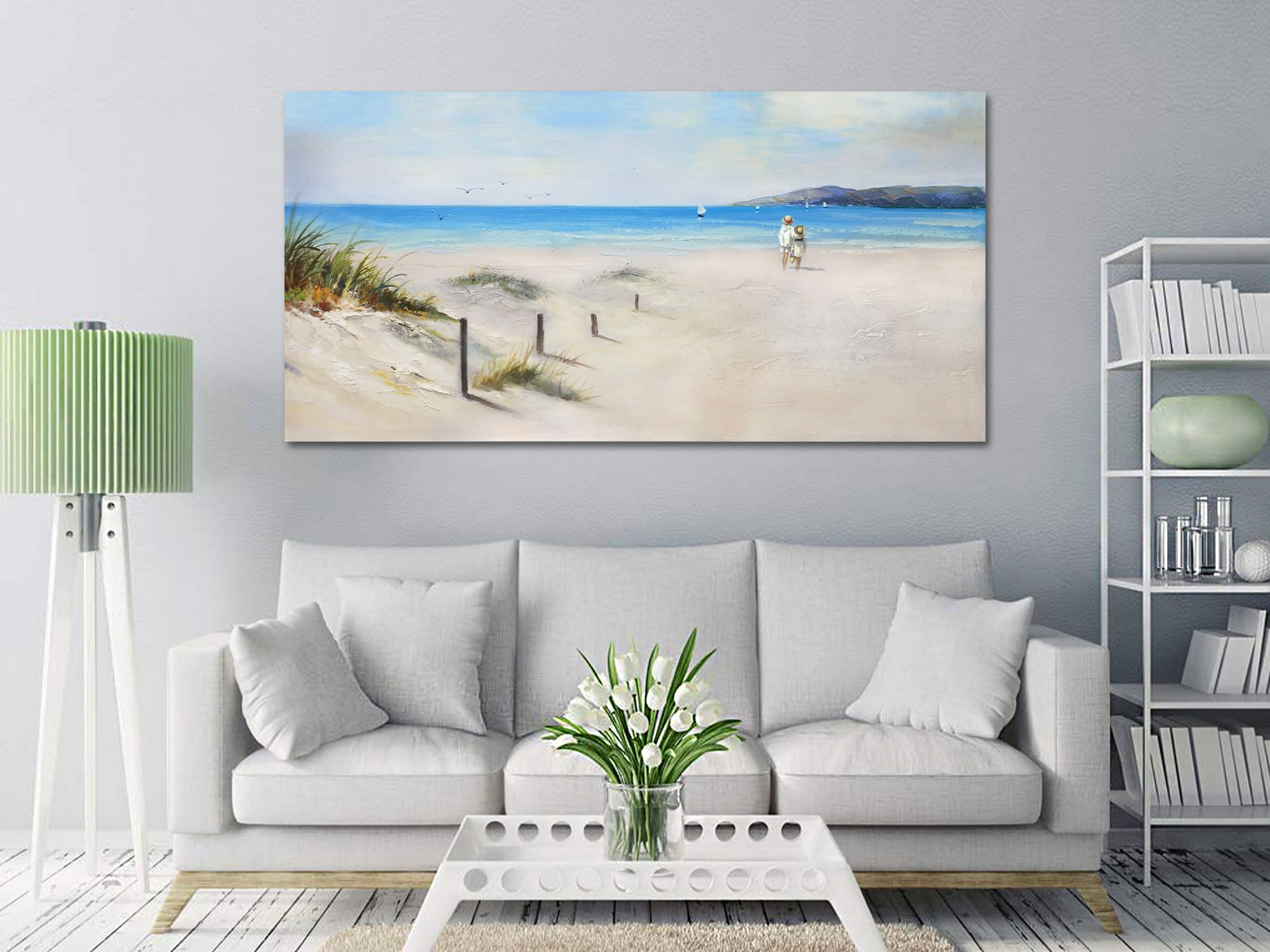 Ardemy Beach Canvas Wall Art Blue Seascape Painting Landscape Picture Hand Painted Textured, Coastal Kids Ocean Artwork Large 40