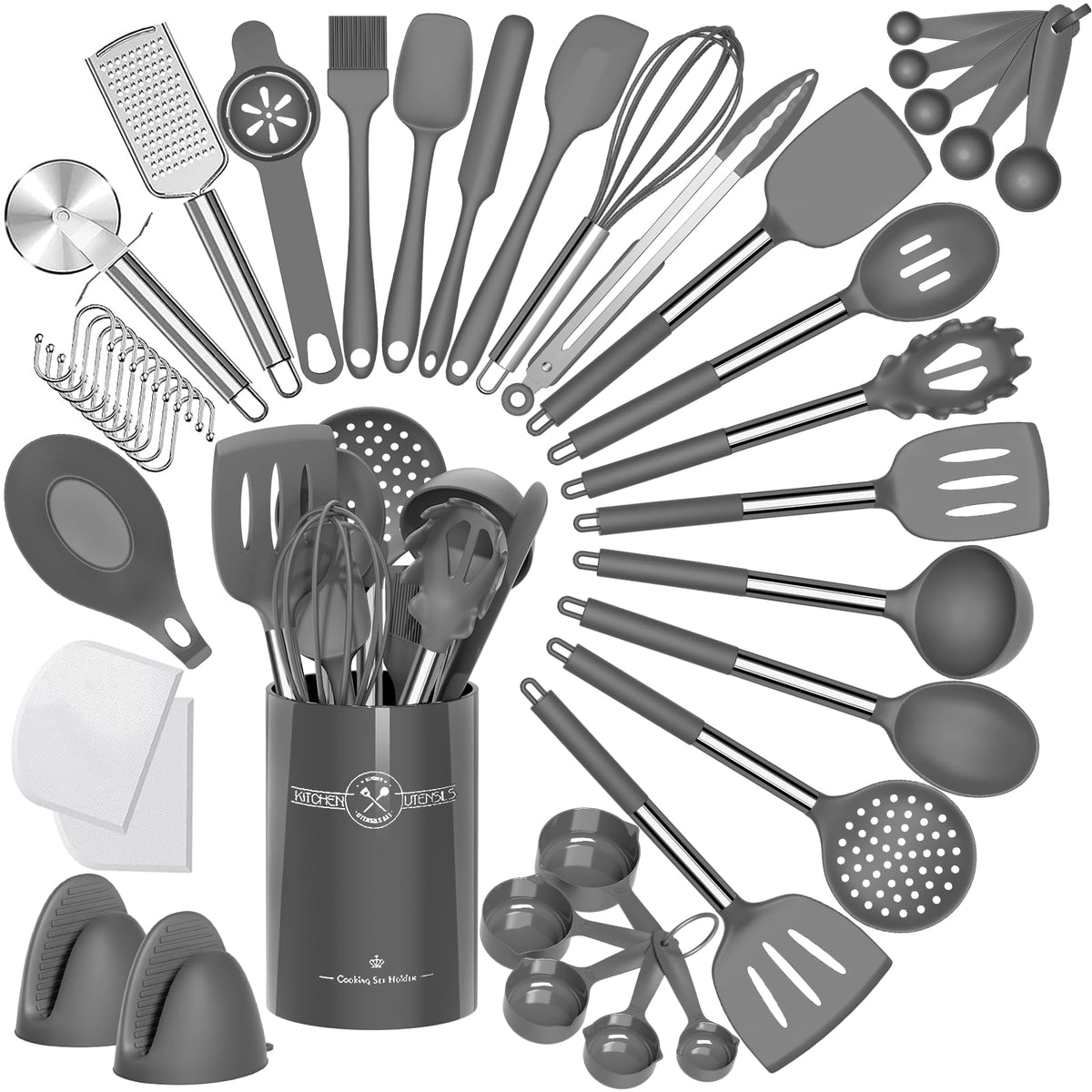 Umite Chef Silicone Kitchen Cooking Utensil Set, 43 Pcs Silicone Spatula With Stainless Steel Handle, Non-Stick Heat Resistant -
