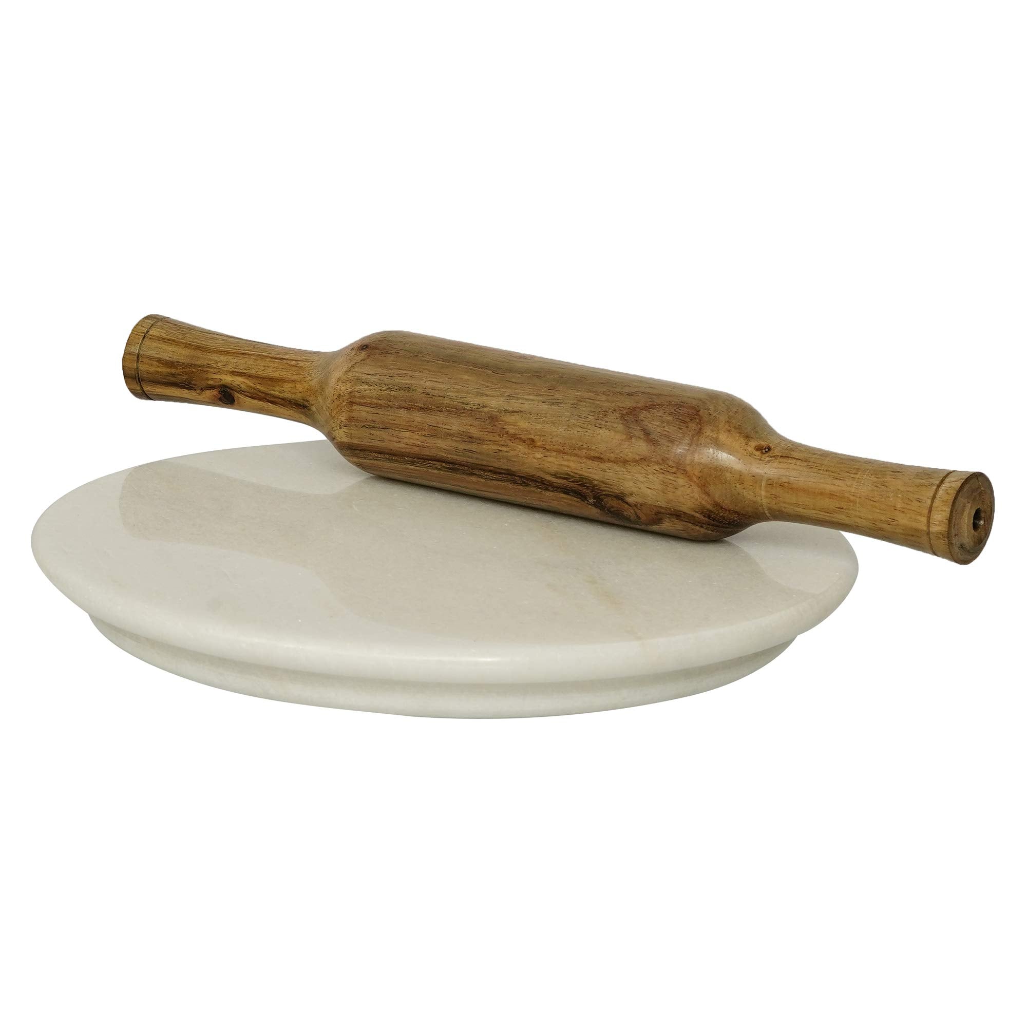 Desert Crafts 10 Inch White Marble Chakla And Polpat 12 Inch Wooden Belan For Home & Kitchen (10 Inch White Marble)