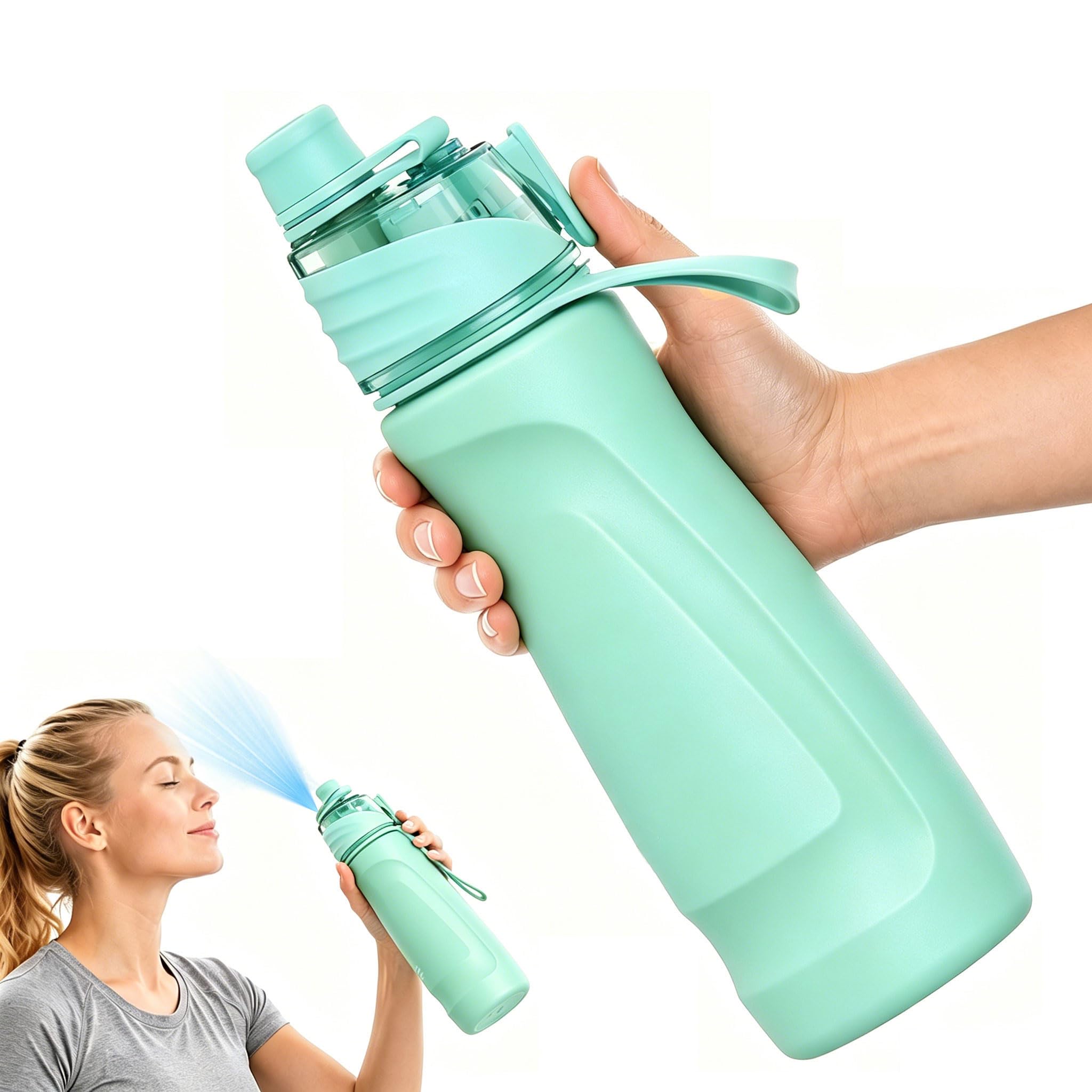 Misting Water Bottle, 24oz Insulated Stainless Steel Water Bottle, 2in1 Mist & Sip Water Bottles, LeakProof, Silicone Spout C