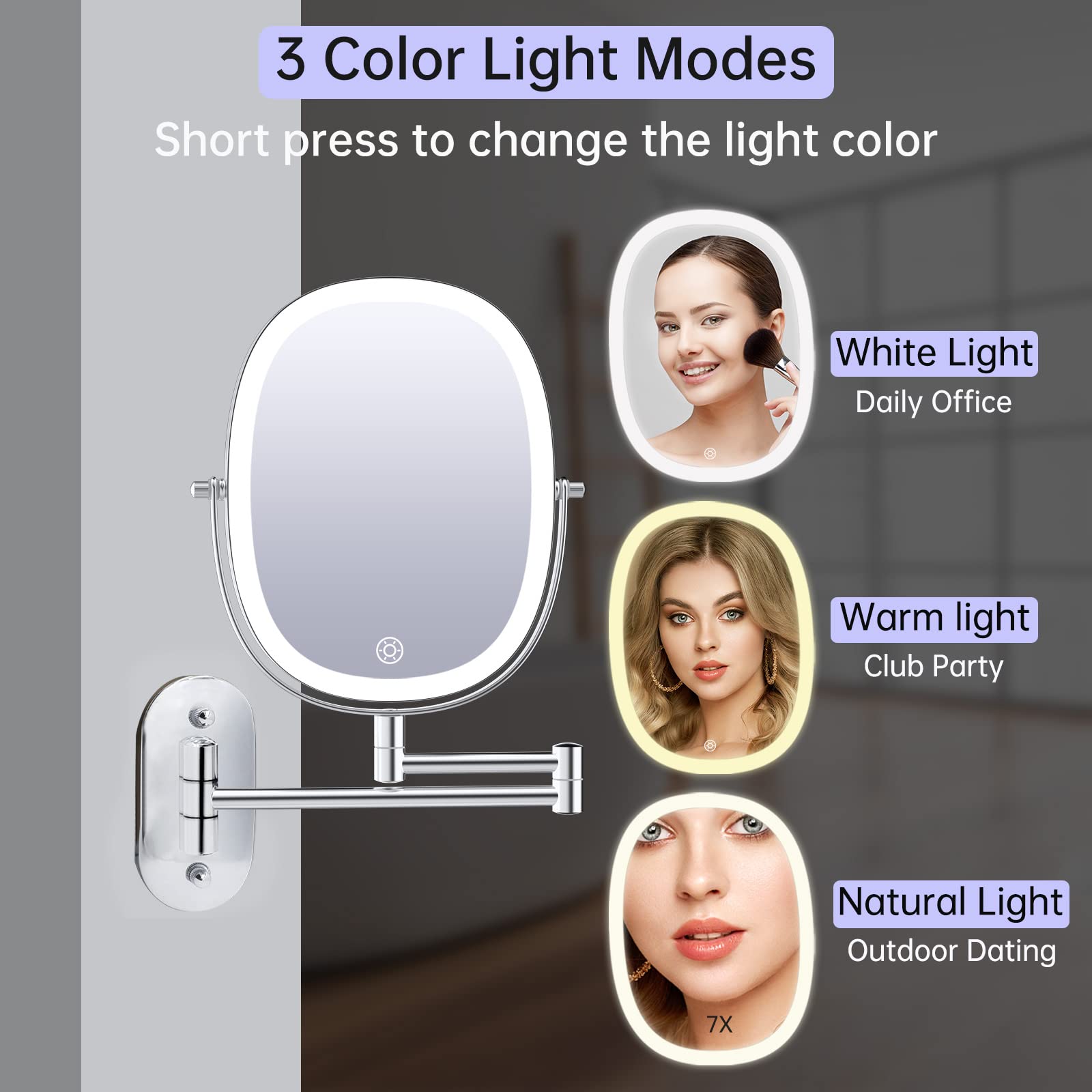 Funtouch Rechargeable Lighted Wall Mounted Makeup Mirror, Double Sided 1X/7X Magnifying Mirror, 3 Lights Option Dimmable, Extens