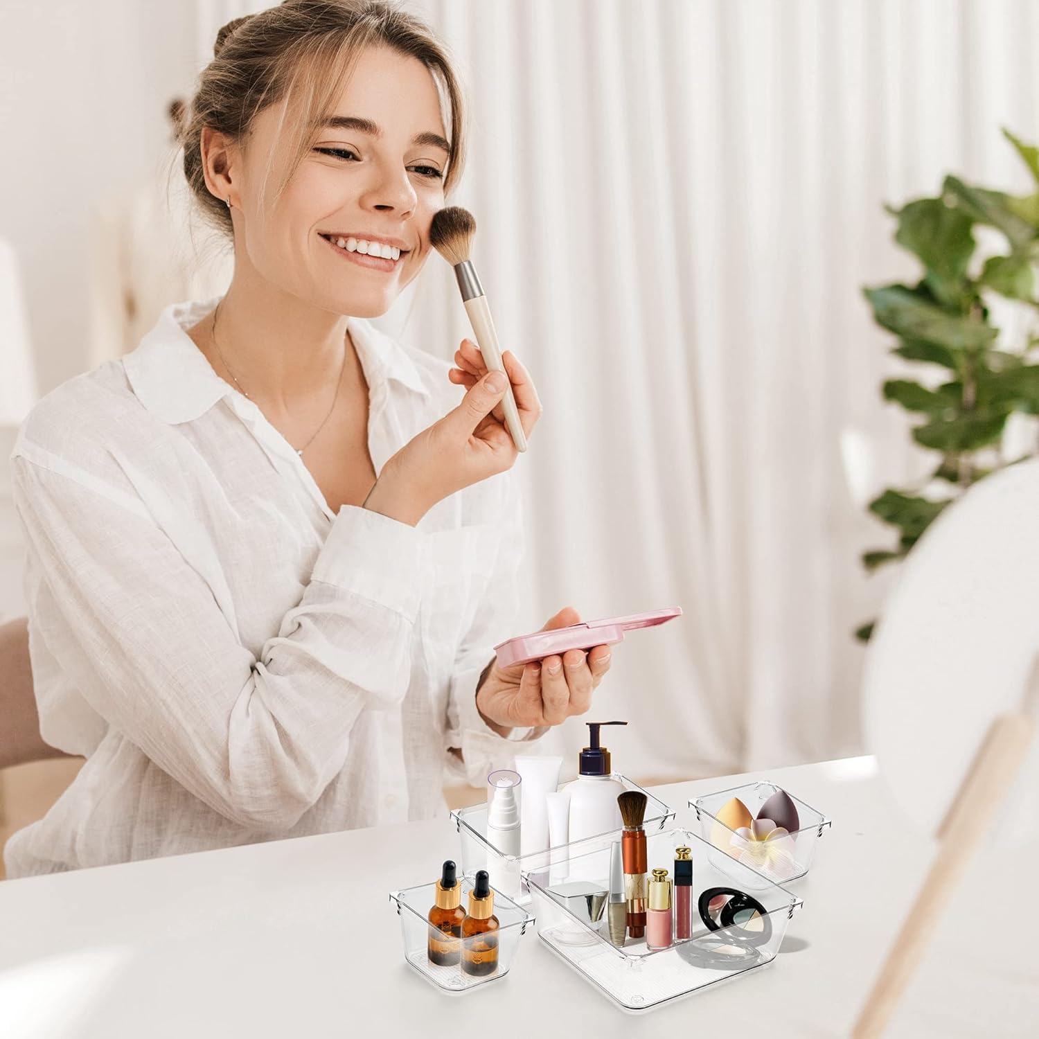 Zollyss Bathroom Drawer Tray Dividers Plastic Vanity Organizers Storage Bins for Makeup Dresser Tray, Clear (21 Pcs)