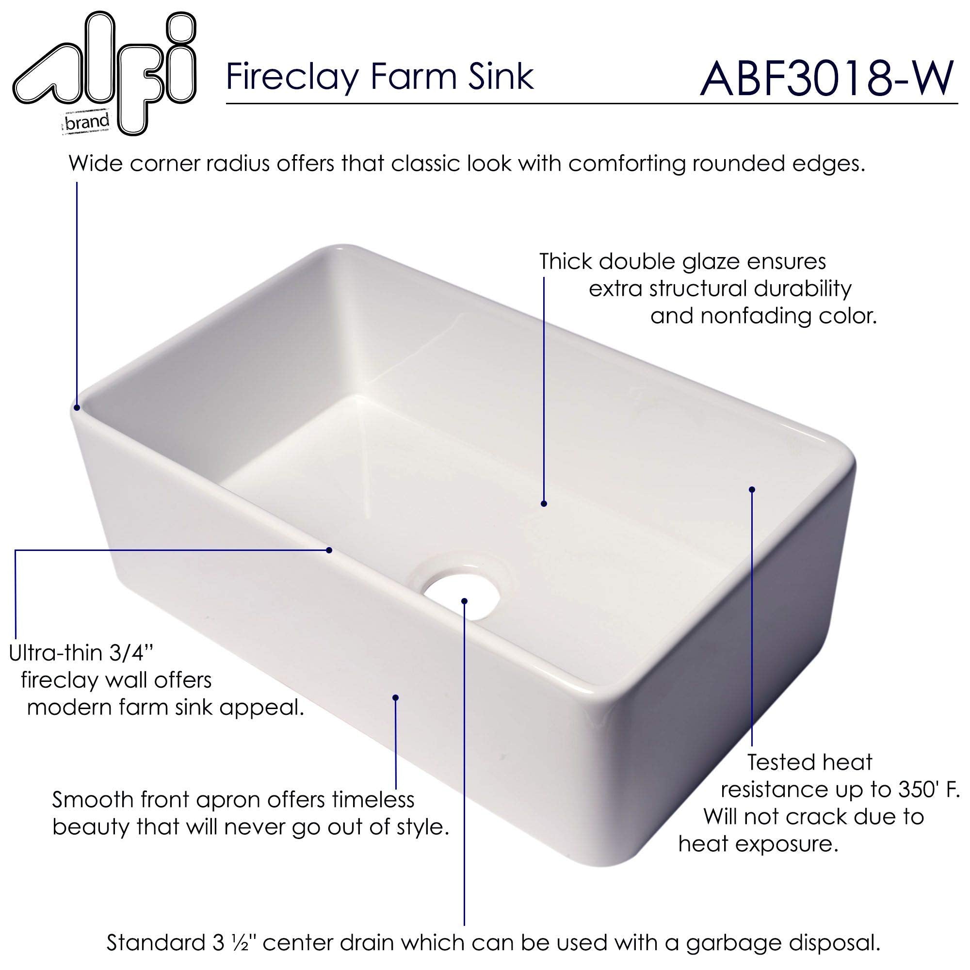 Alfi Brand Abf3018-W Kitchen Sink, 30''L X 18''W X 10''H, White