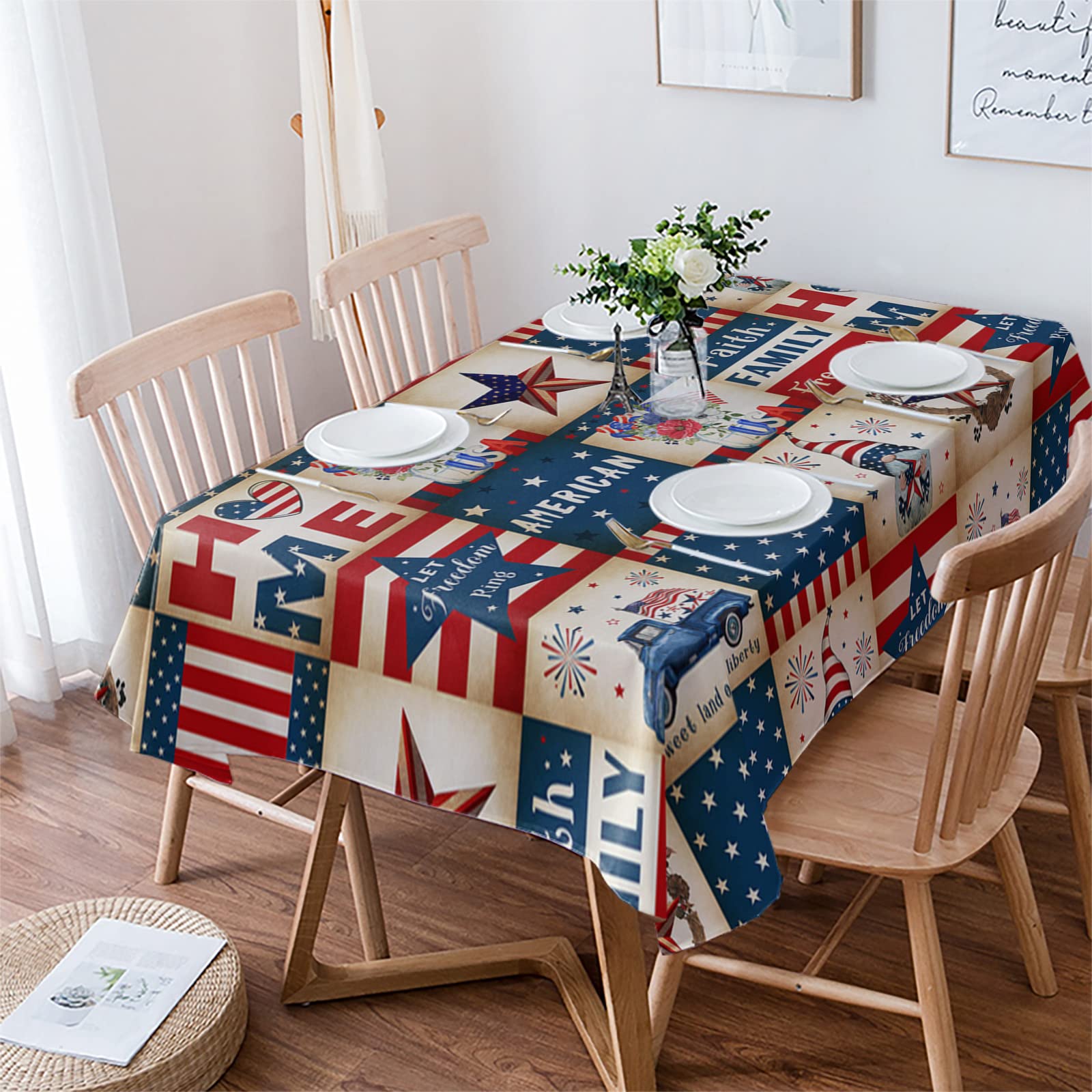 Independence Day Rectangle Dining Table Cloths, Vintage 4Th Of July Lattice Linen Tablecloth American Star Flag Checker Tables C