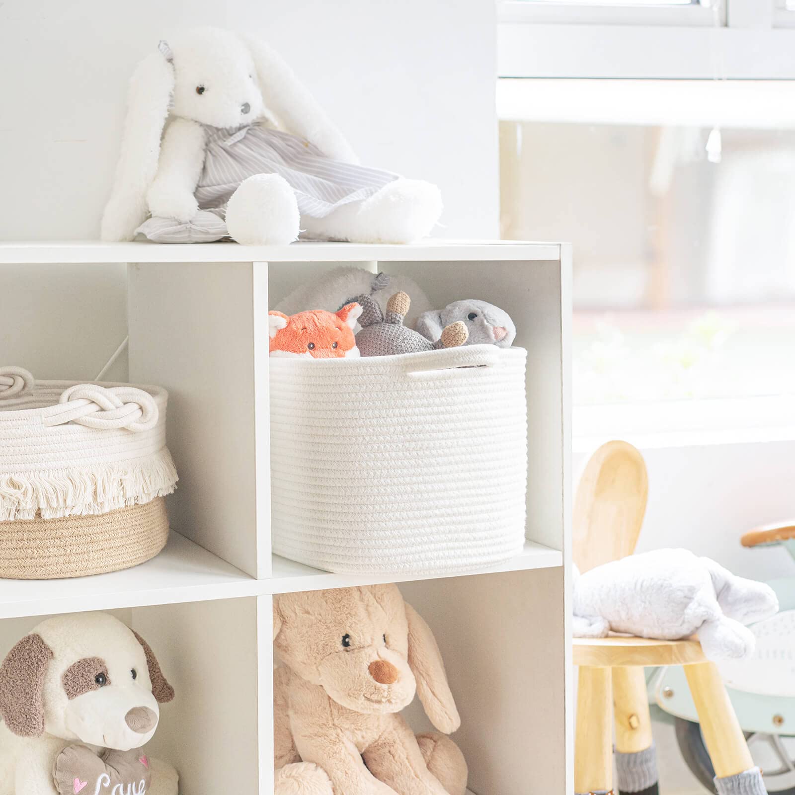Goodpick White Woven Rope Basket With Handles, Medium Rectangle Basket For Books, Toys, Towels, Square Decorative Basket For Liv