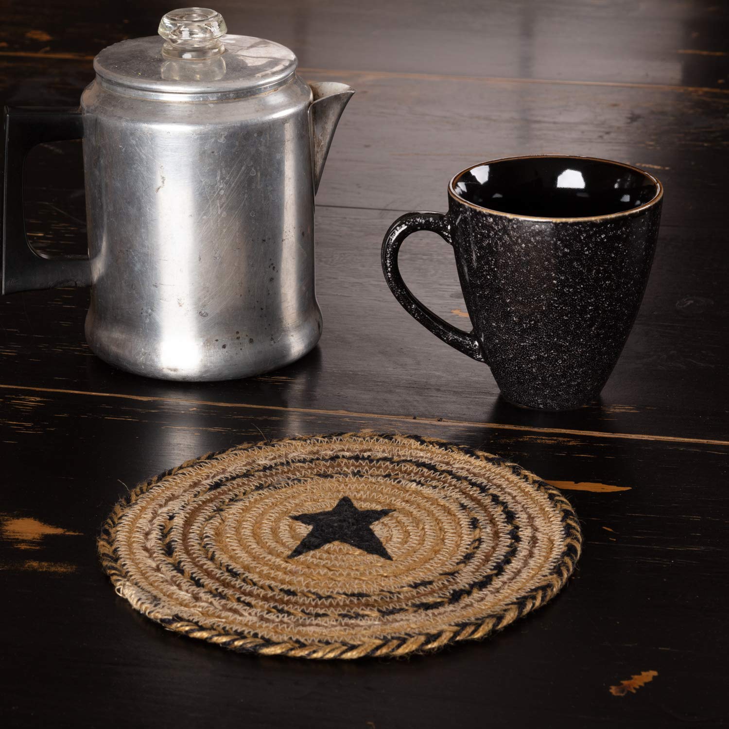 Vhc Brands Kettle Grove Jute Stencil Star 8 Inch Trivet Primitive Country Patchwork Kitchen Tabletop Design, Tan