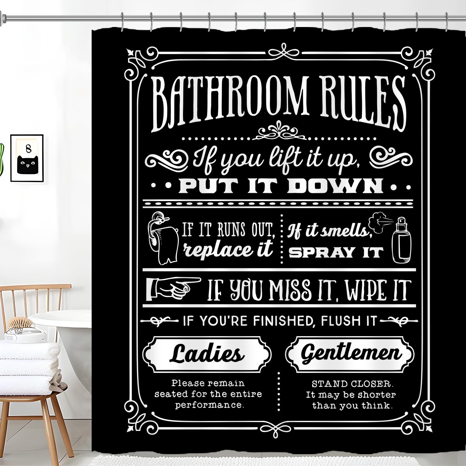 Focal20 Funny Quotes Shower Curtains, Cool Bathroom Rules Shower Curtain, Fun 72 x 72 Inch Black and White Fable Motto Waterproo