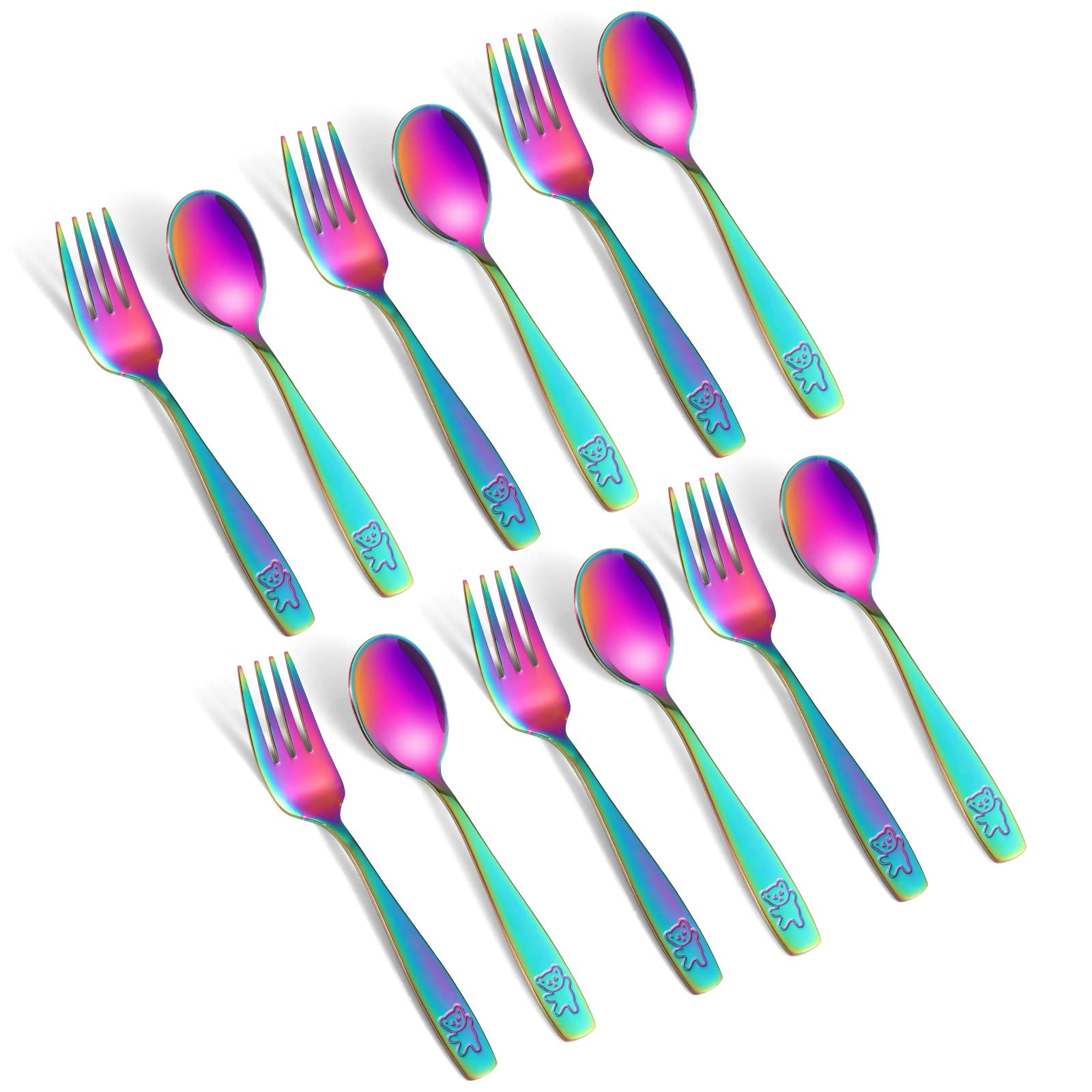 Pimoys 12 Pieces Toddler Utensils Kids Rainbow Silverware Set, Stainless Steel Childrens Safe Forks and Spoons, Metal Kids Cutle