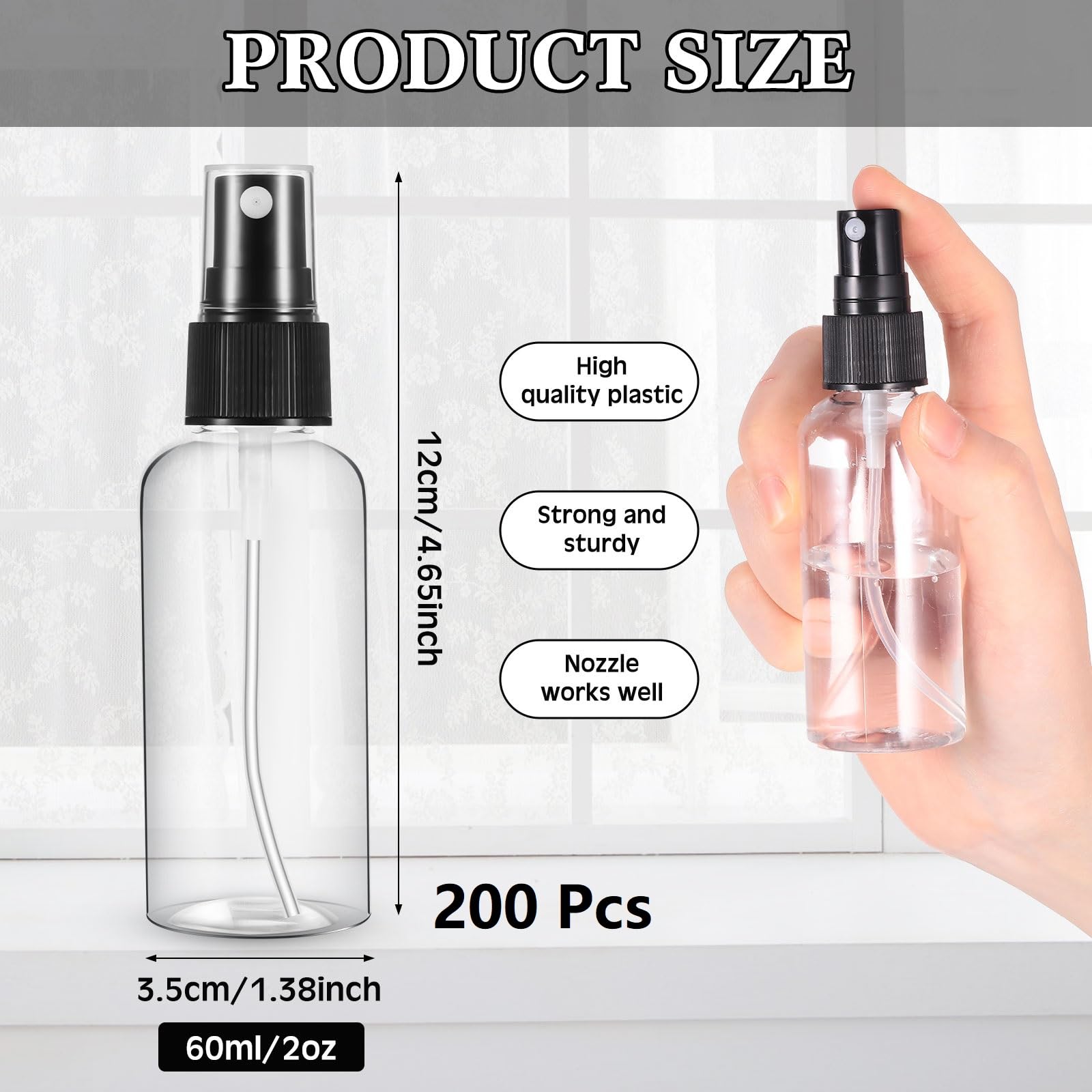 Roshtia 200 Pcs 2 Oz Plastic Spray Bottles Mini Spray Bottles With Black Cap Clear Empty Fine Mist Spray Bottles Refillable Liqu