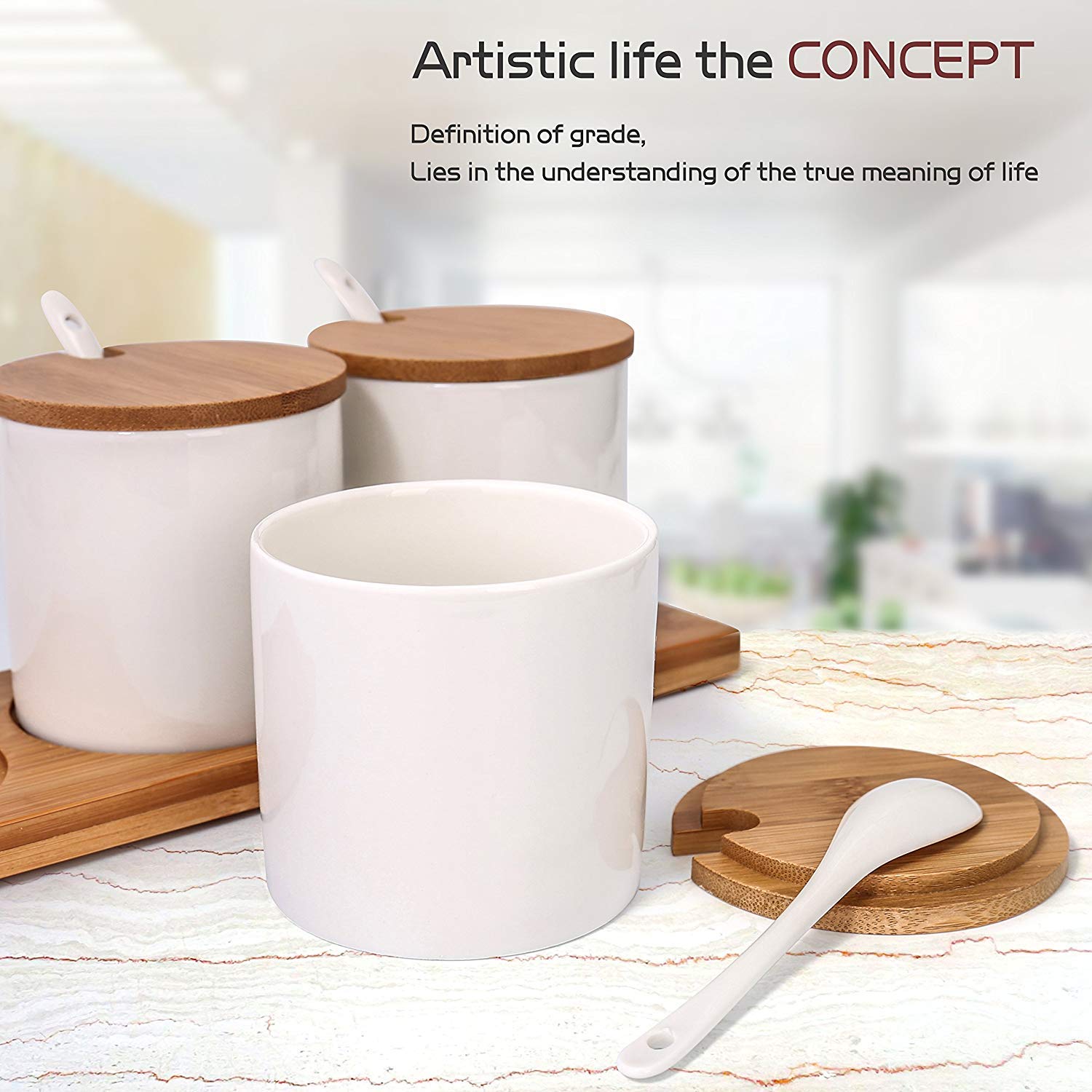 Lucky Goddness June Sky Ceramic Food Storage Containers With Bamboo Lid- Modern Design Porcelain Jar- Perfect Canister For Sugar