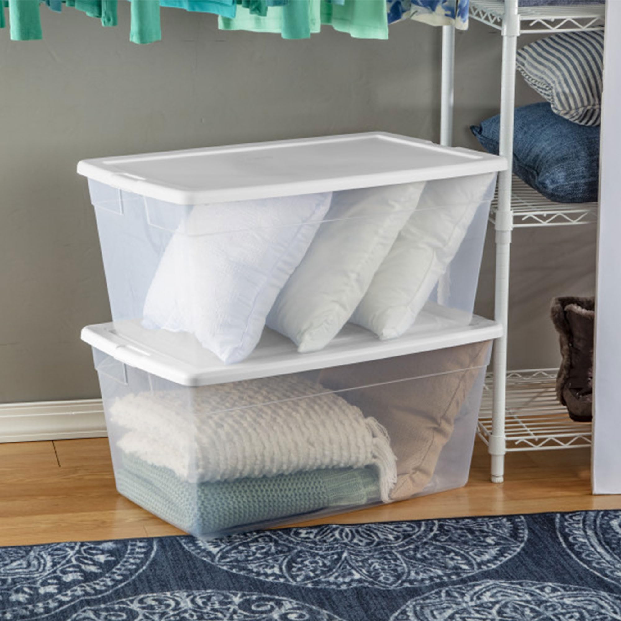 Sterilite 90 Qt Storage Box, Stackable Bin With Lid, Plastic Container To Organize Clothes, Blankets, Towels In Closet, Clear Wi