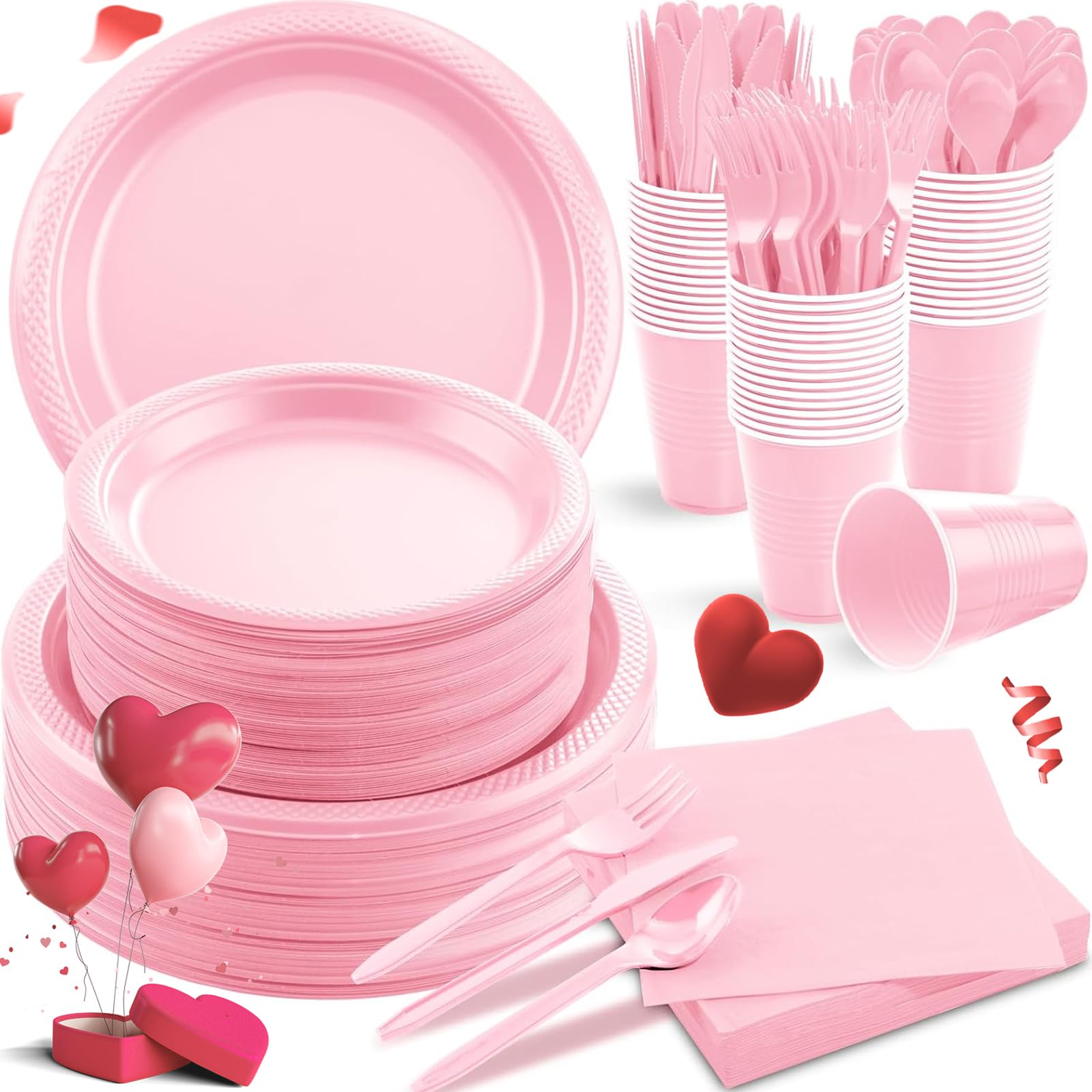 Mirthmood 350Pcs Pink Party Supplies Set,Valentines Day Plates Including Pink Plastic Plates, 12Oz Pink Cups, Pink Plastic Cutle