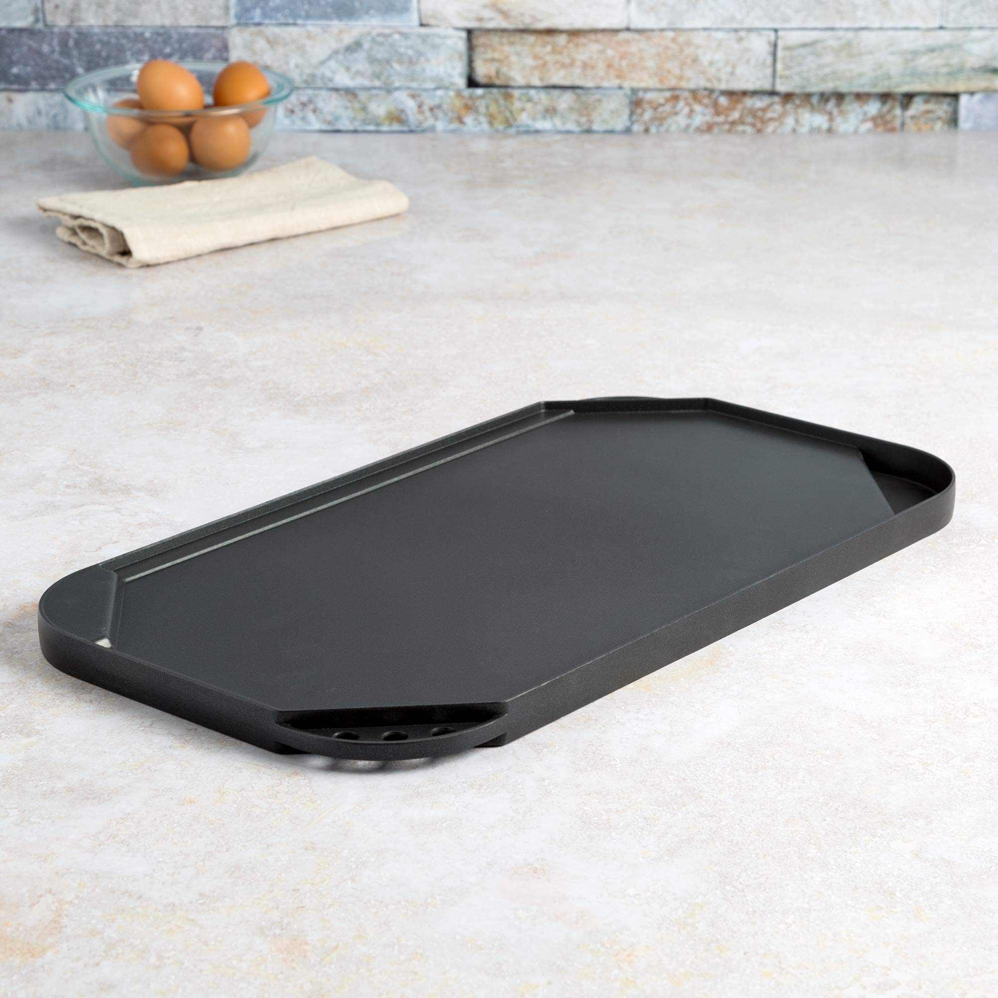 Ecolution Non-Stick Double Burner Family Pan - 19.5"x11" Cast Aluminum Reversible Grill/Griddle, Dishwasher Safe, Black