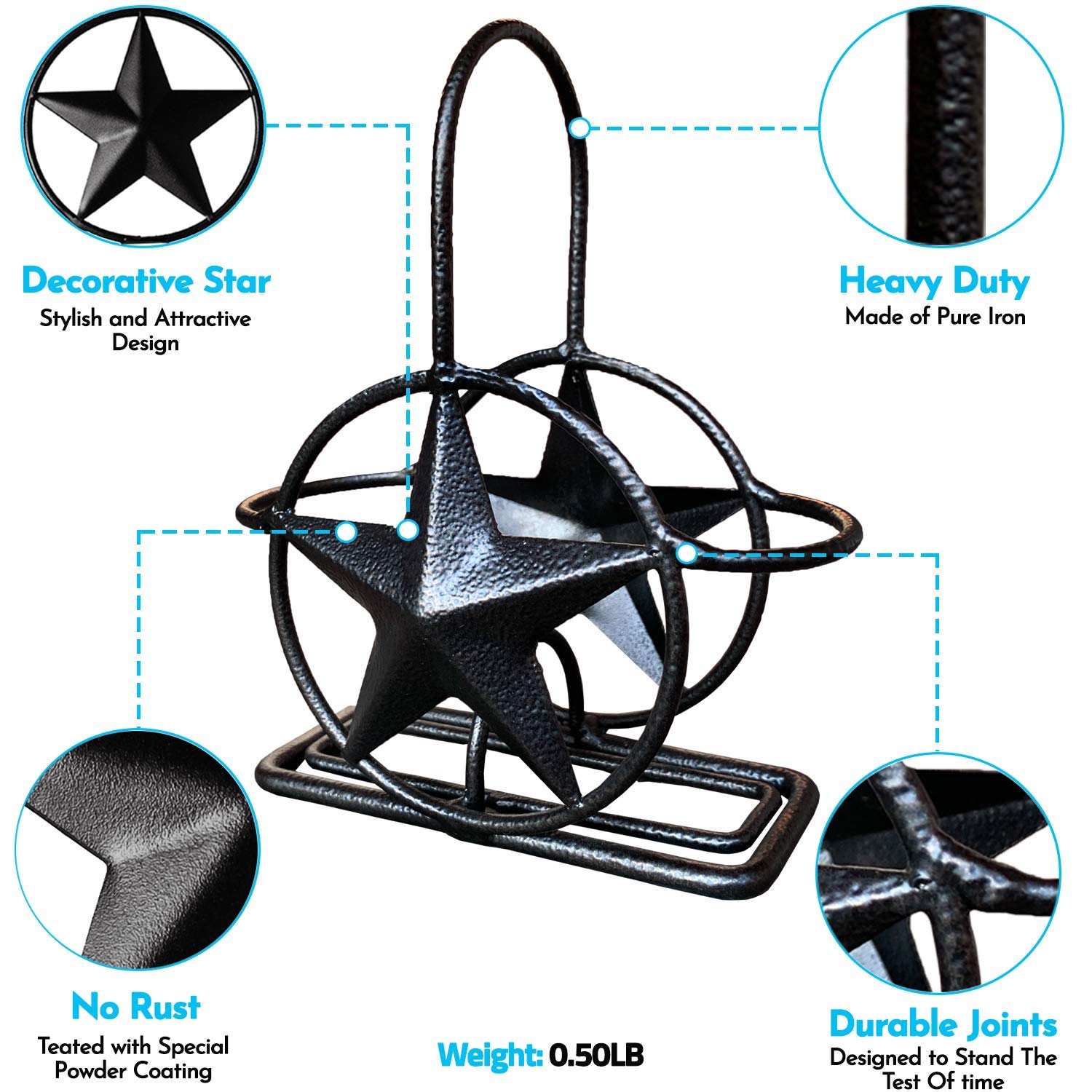 Black Rustic Texas Star Salt And Pepper Holder - Country Farmhouse Iron Metal Primitive Kitchen Countertop Holders, Western Styl
