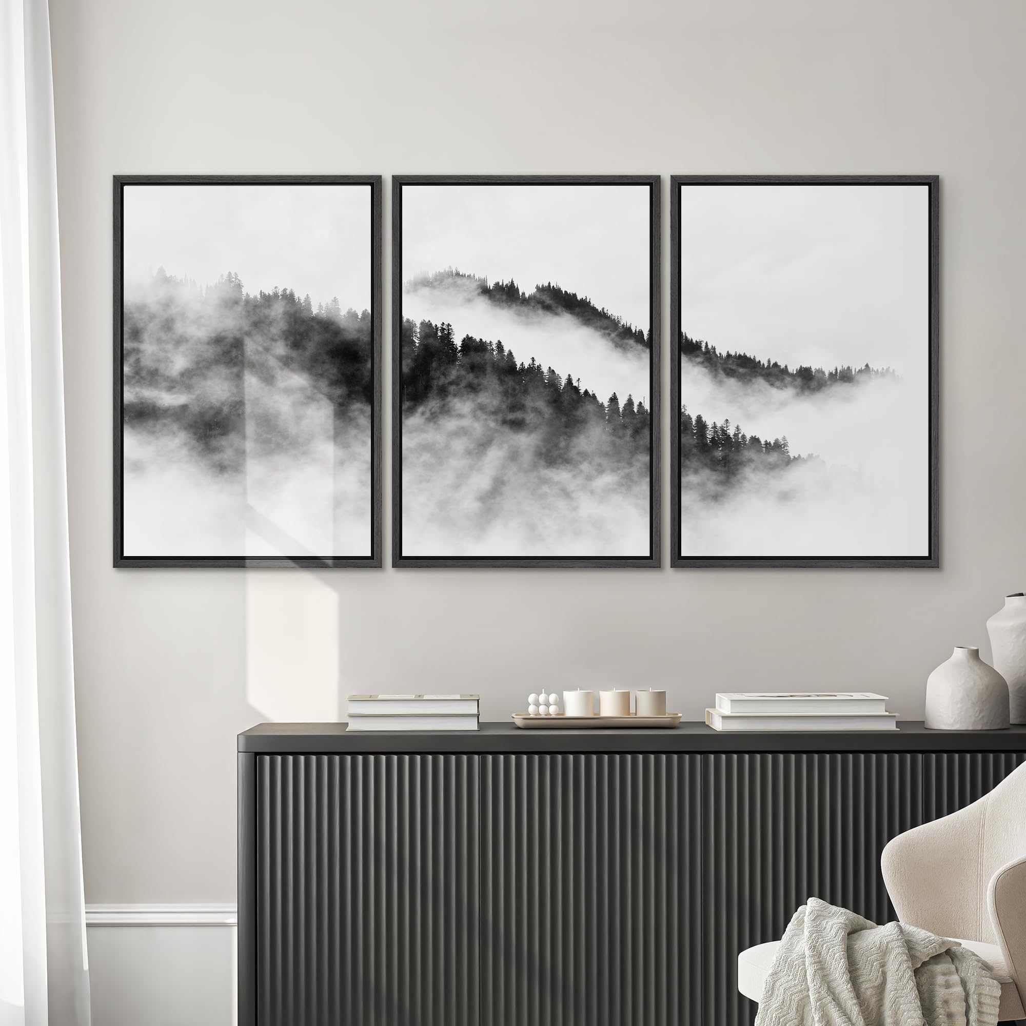 Signwin Framed Canvas Print Wall Art Set Black & White Mountain Forest Valley Nature Wilderness Photography Modern Art Rustic La