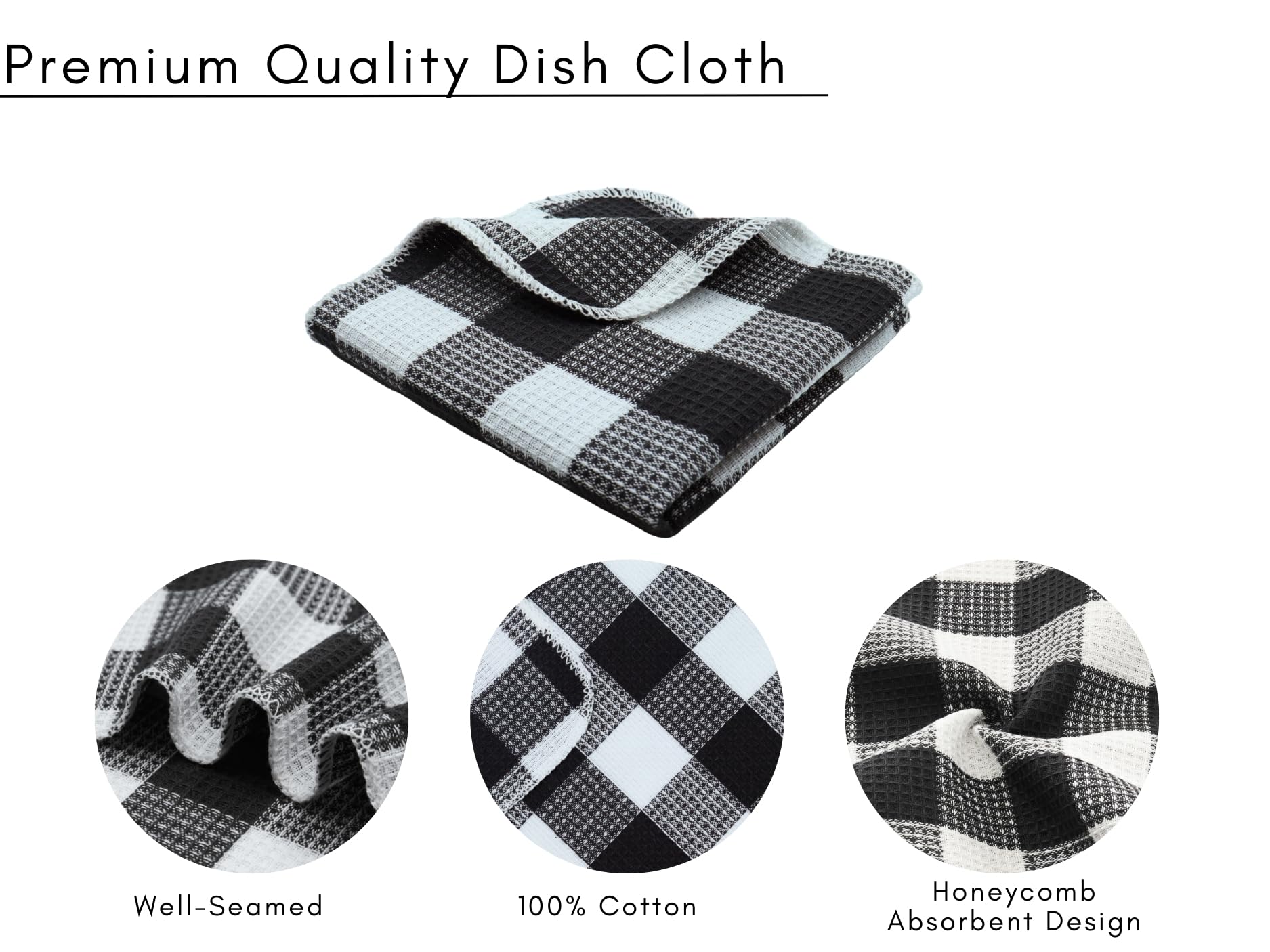 PurpleEssences Waffle Weave Plaid Dish Cloths, 100% Cotton - 12x12 Inches, Soft Absorbent Quick Drying Buffalo Check Dish Rags f