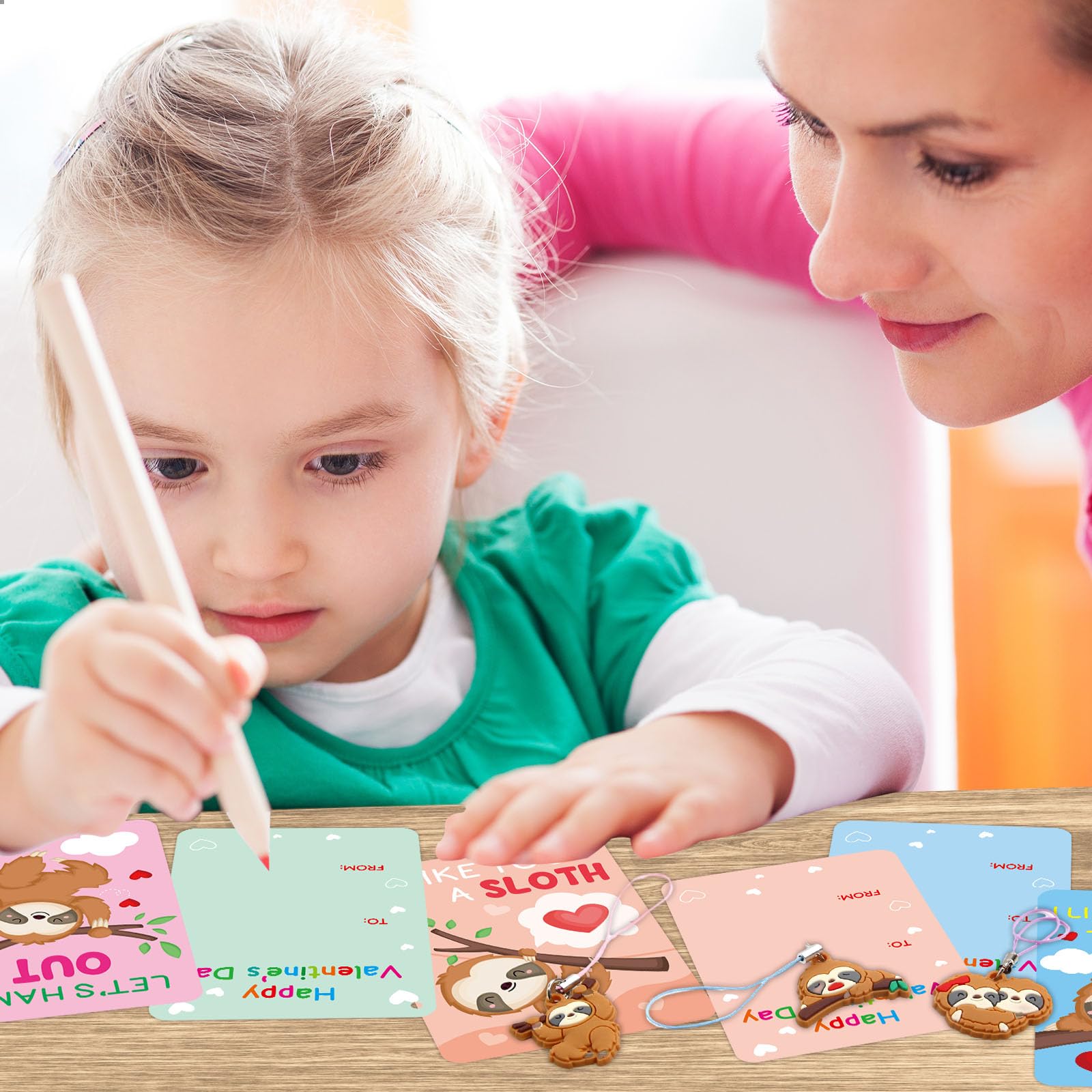 30Pcs Valentines Cards Classroom Kids Sloth Valentines Day Cards With Keychains Valentine Gift Set Exchange Boys Girls Goody Bag