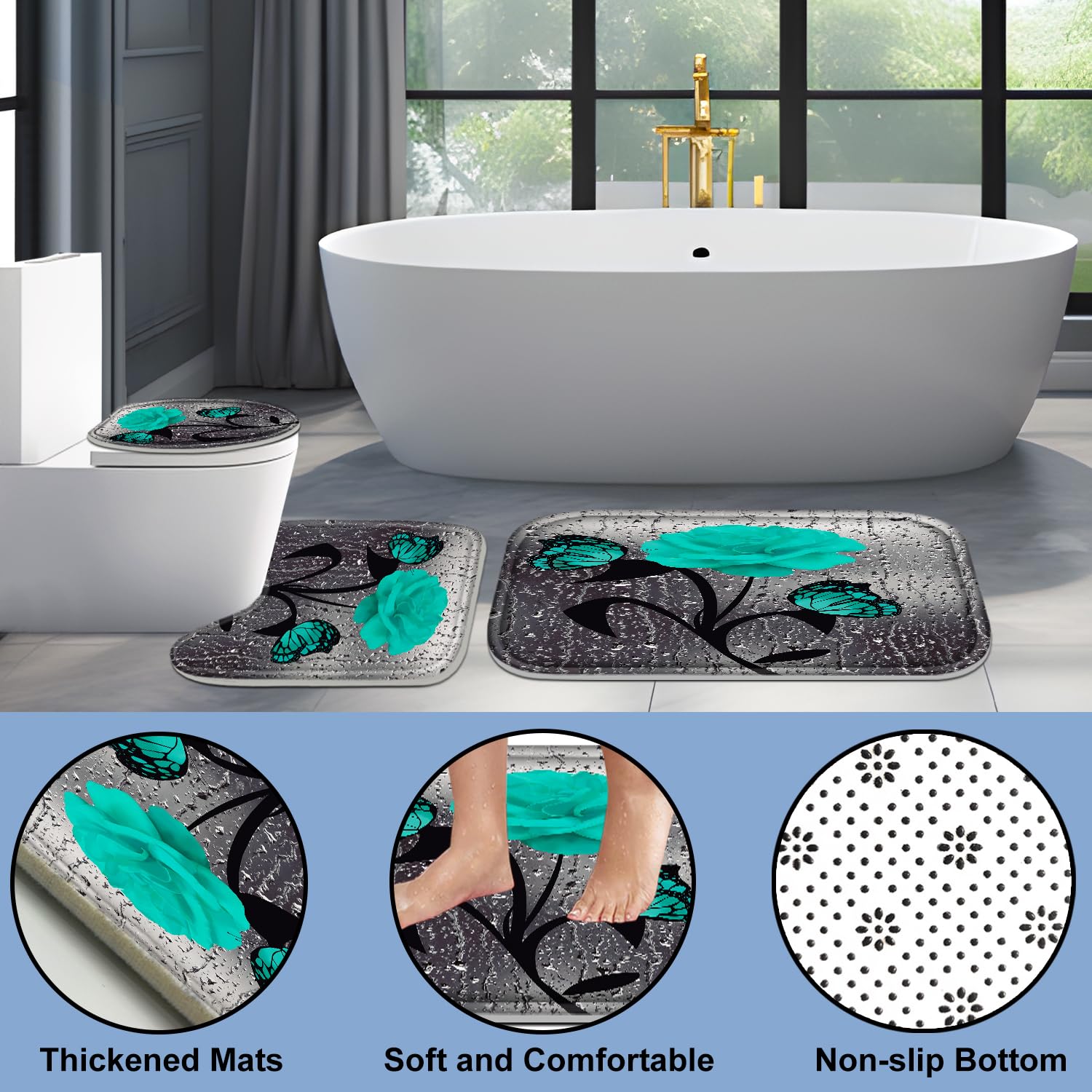 Poedist 4 Pcs Bathroom Set,Green Rose Shower Curtain Sets, Romantic Shower Curtain Sets With Rugs(Bath Mat,U Shape And Toilet Li