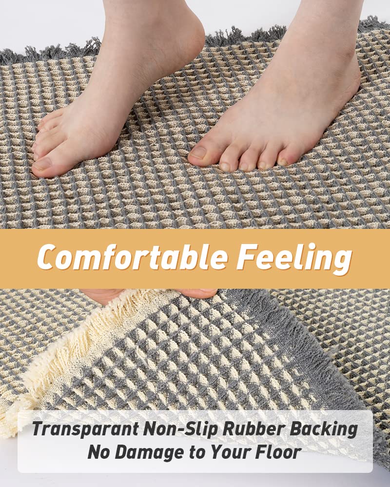 Upgraded Waffle Runner Rug Super Absorbent Non Slip Bath Mats For Bathroom Washable Bathroom Runner Rug With Tassels, Ideal For