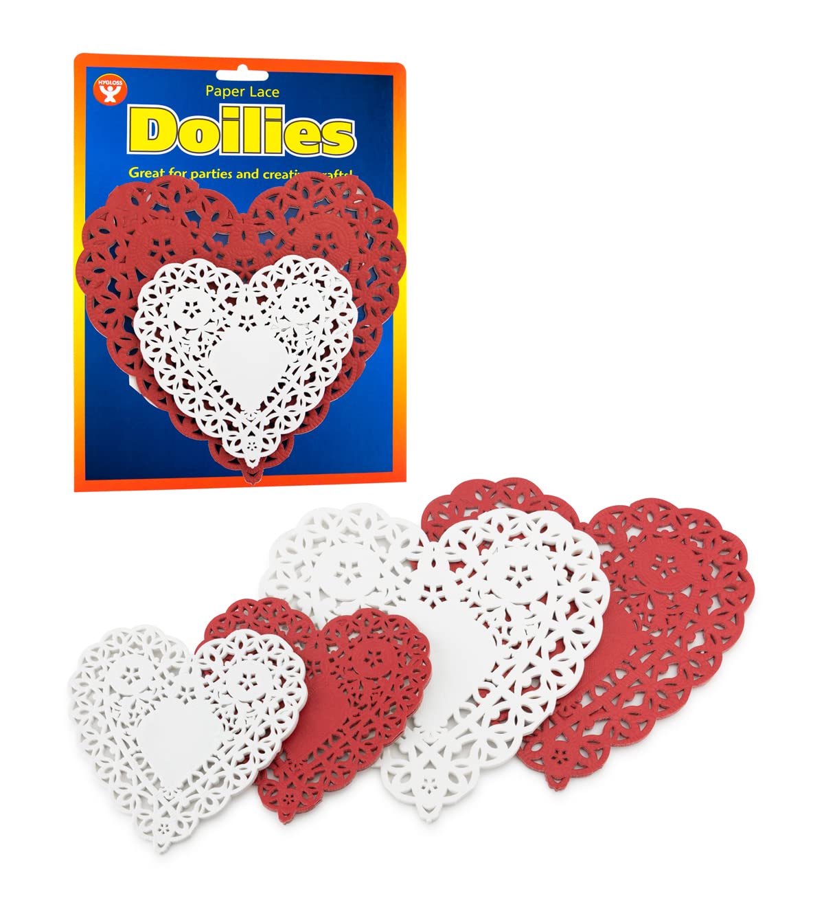 Hygloss Products Heart Doilies - Assorted Sizes White And Red Paper Doily, Made In Usa, 96 Pack