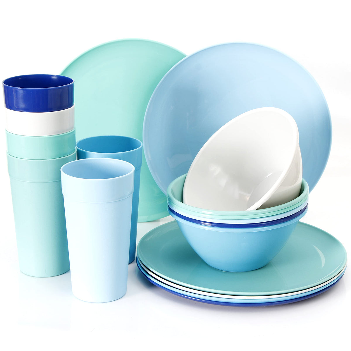 Youngever 18 Piece Plastic Kitchen Dinnerware Set, Plates, Dishes, Bowls, Cups, Service For 6 (Coastal Colors)