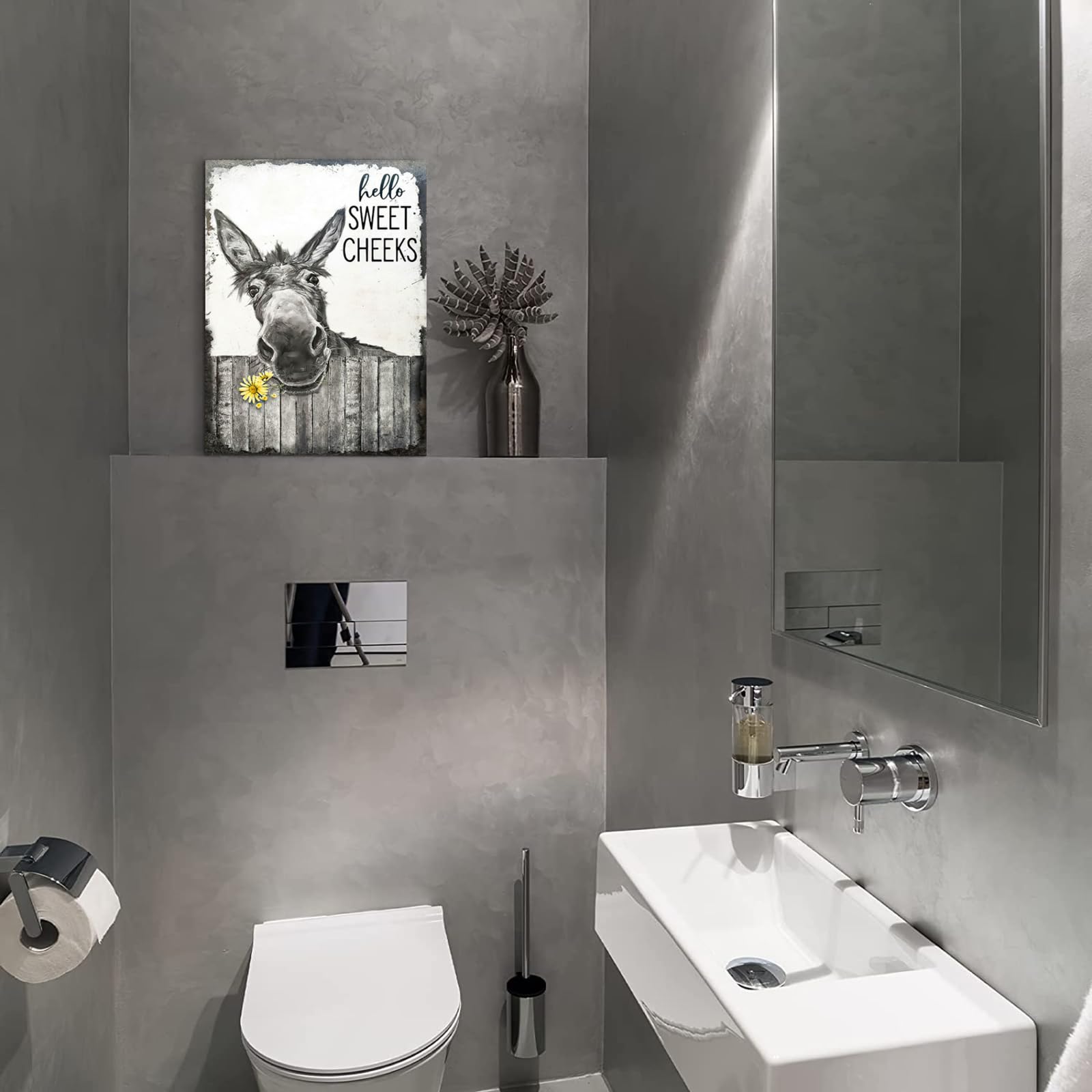 Farmhouse Bathroom Wall Art Donkey Poster Funny Donkey Pictures for Wall Rustic Canvas Print Black and White Painting Animal Wall D?or Country Vintage Framed Artwork 8''x12''
