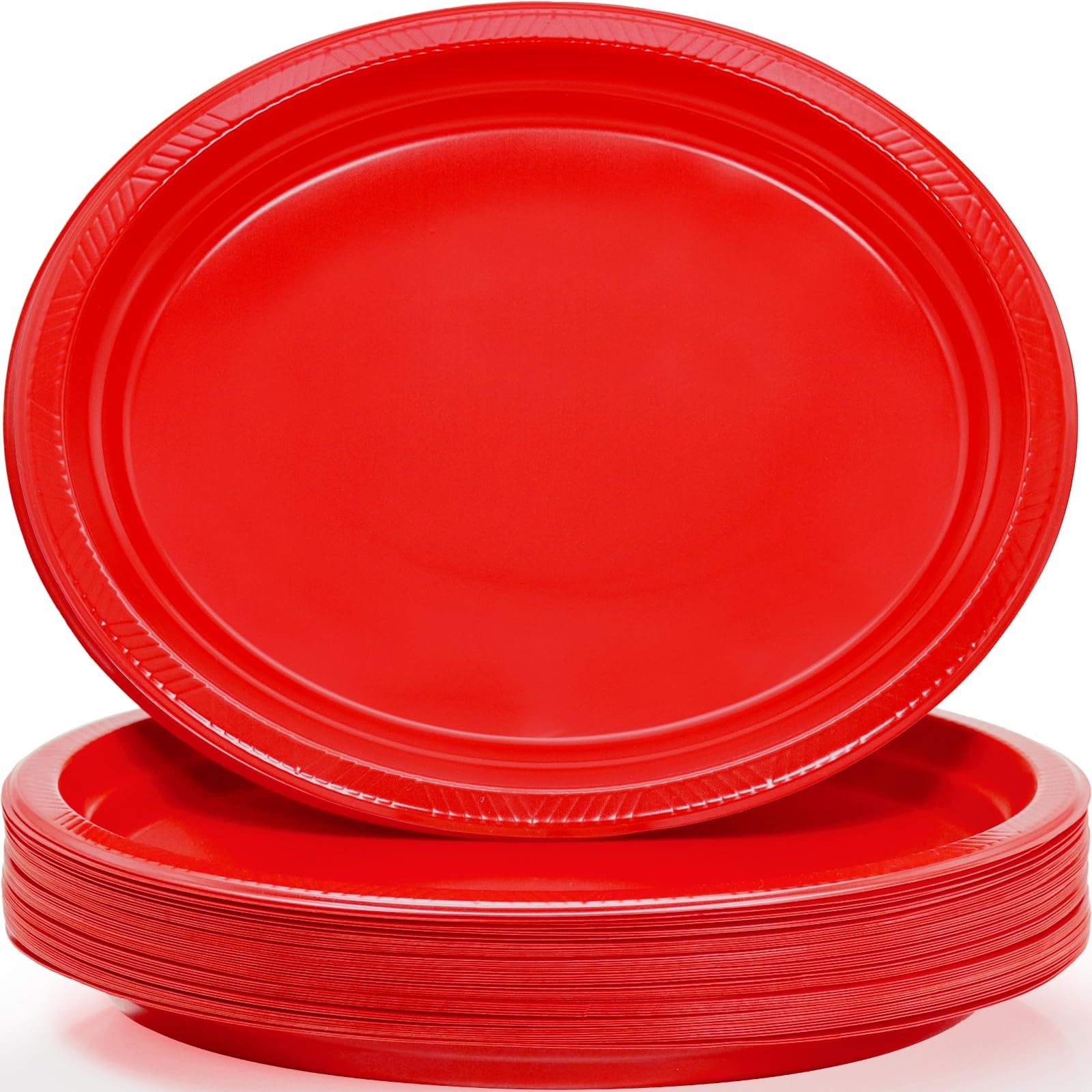 Bonsiny 50 Count Red Plates Disposable Heavy Duty 10'' X 12'' Oval Plastic Party Plates - Red Plastic Plates For Party Birthday