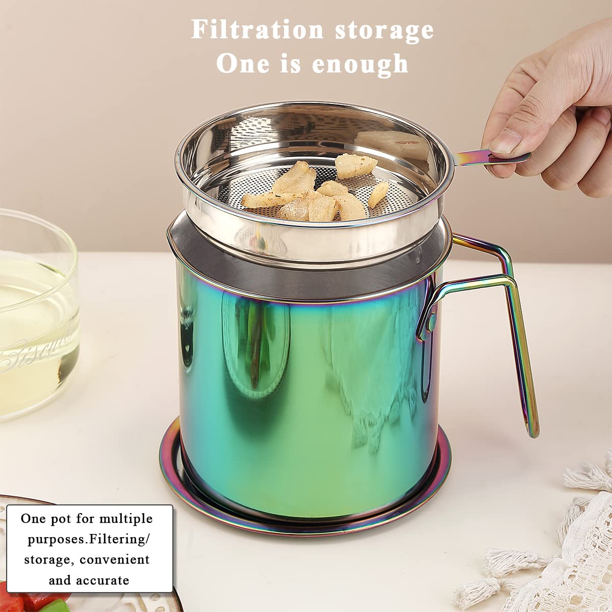 Berglander Rainbow Bacon Grease Container With Strainer 47oz  Titanium Colorful Plating Stainless Steel Oil Storage Container with Fine Mesh Strainer Dust-proof for Storing Frying Oil  Cooking Fat