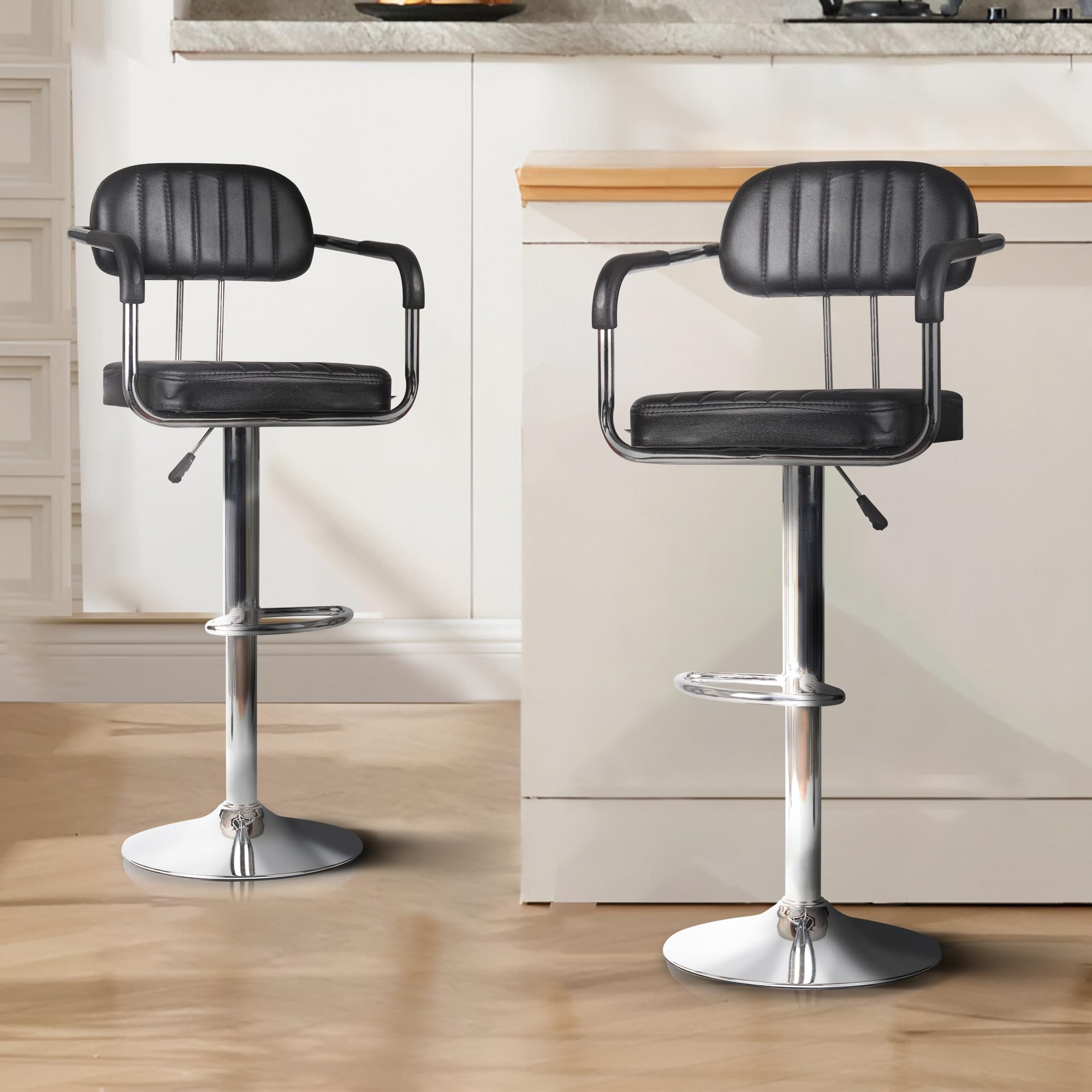 Koorsi & Company. Flexi Height Adjustable Bar Stool Chair Chrome Base, 360 Swivel, Backrest, Cushion Seat, Bar, Kitchen Island, 