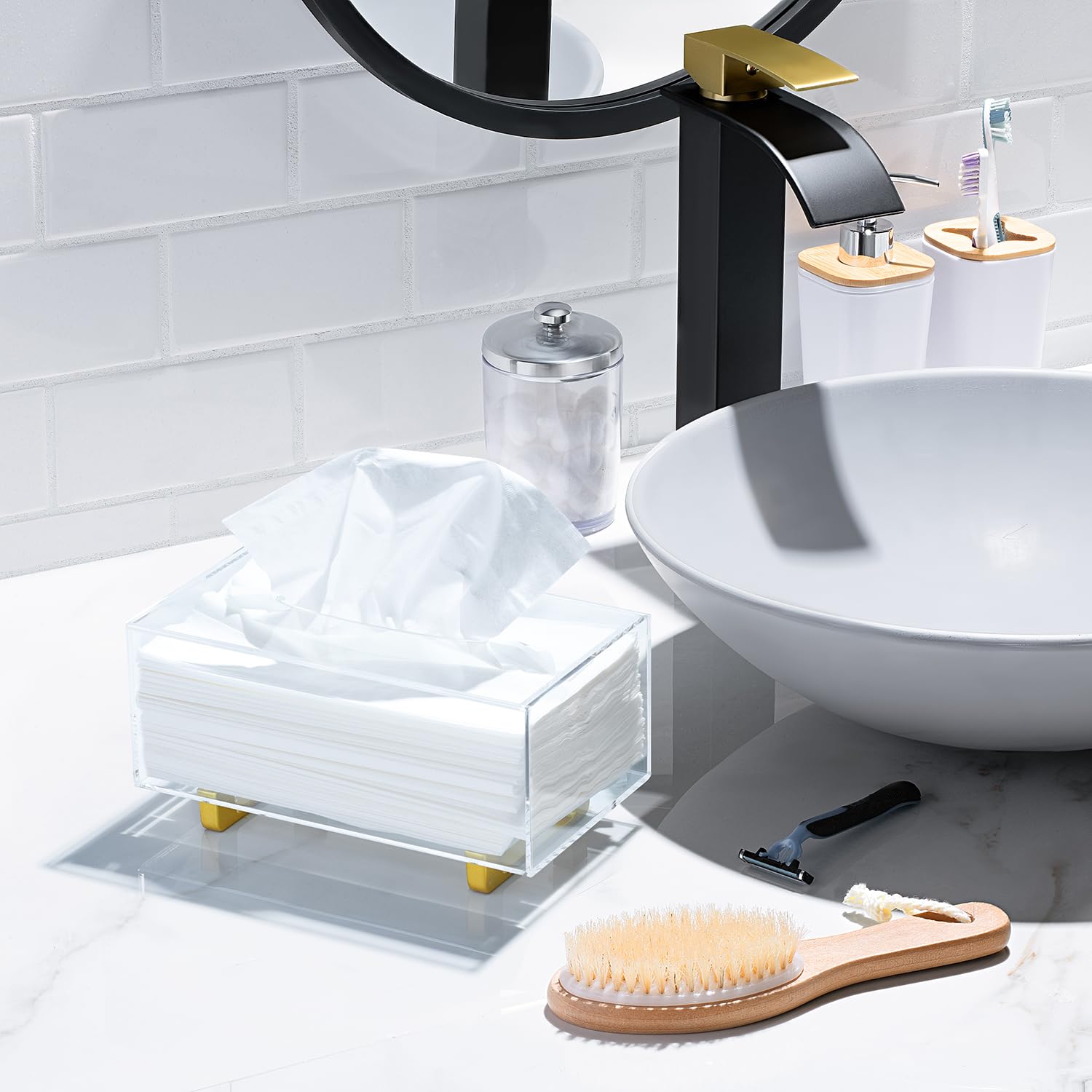 Yoba Thick Acrylic Tissue Box Holder Rectangular Clear Tissue Box Dispenser With Gold Plated Aluminum Legs For Bathroom, Kitchen