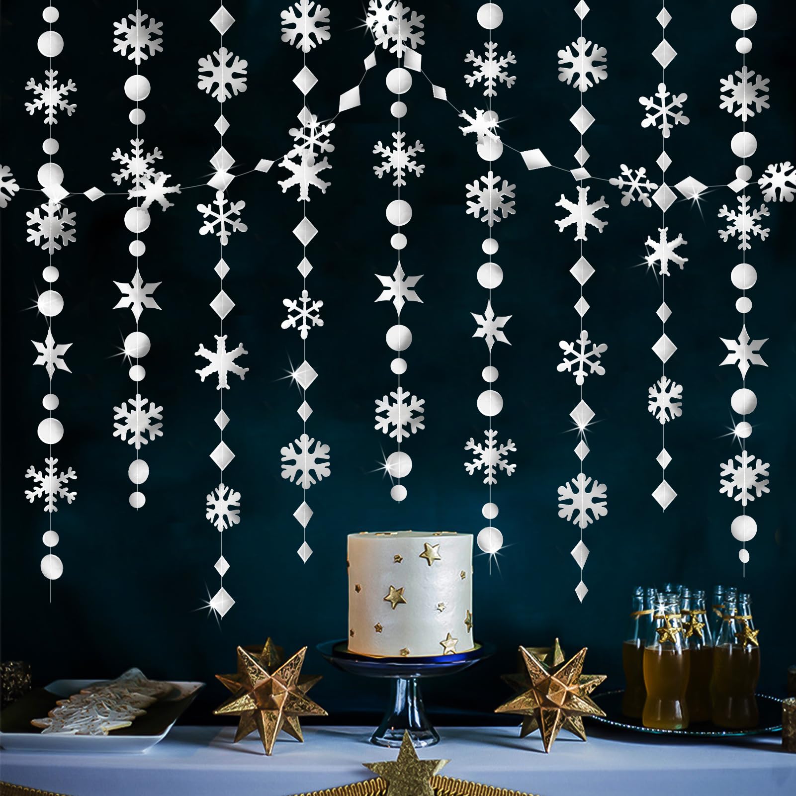 65Ft Winter Wonderland Snowflakes Decorations Silver Snowflake Garland- Shimmer Holographic Paper Snowflakes Streamers for Chris