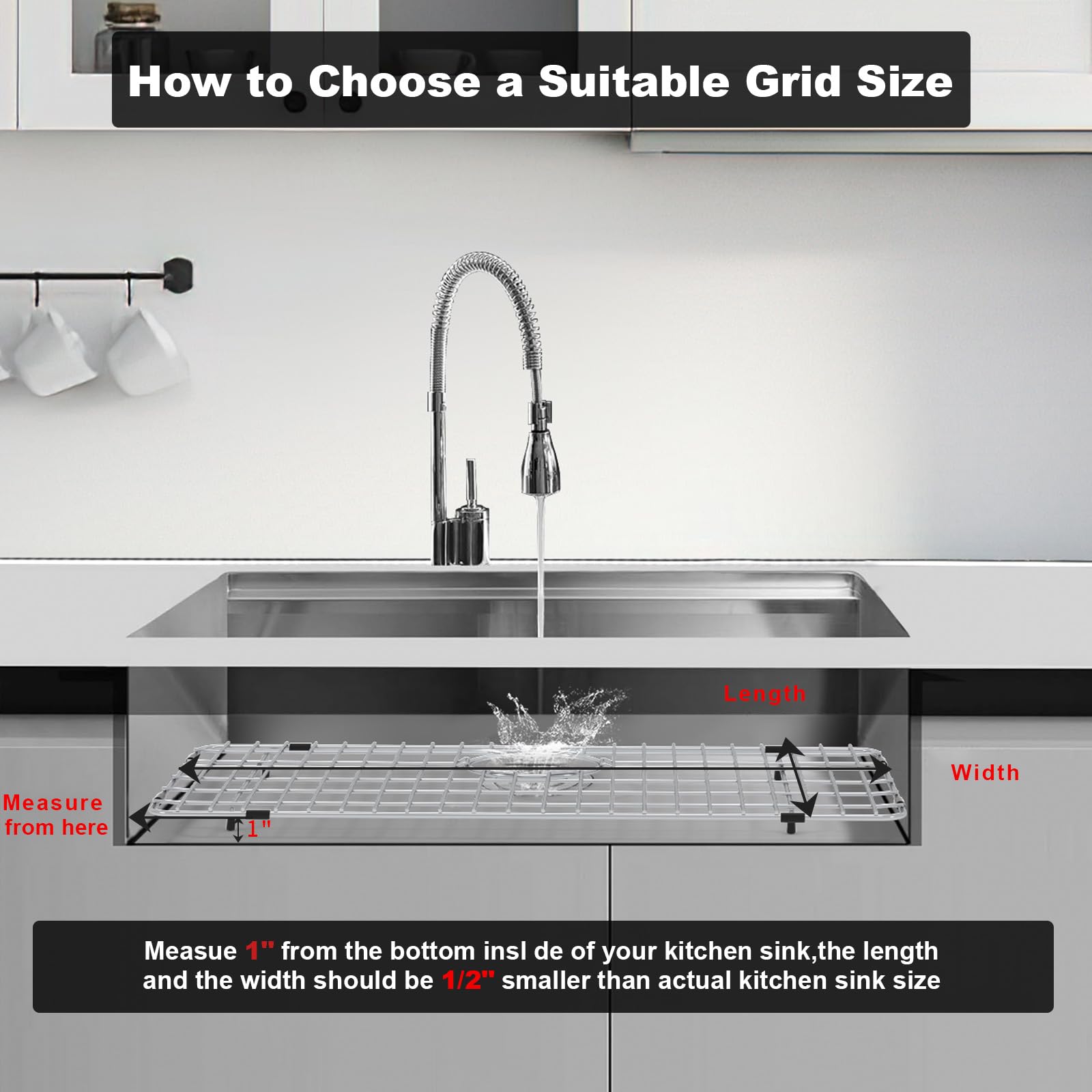Stainless Steel Sink Grid And Protectors For Bottom Of Kitchen Sink, 26'' X 14'' With Rear Drain For Single Sink Bowl, For Sink