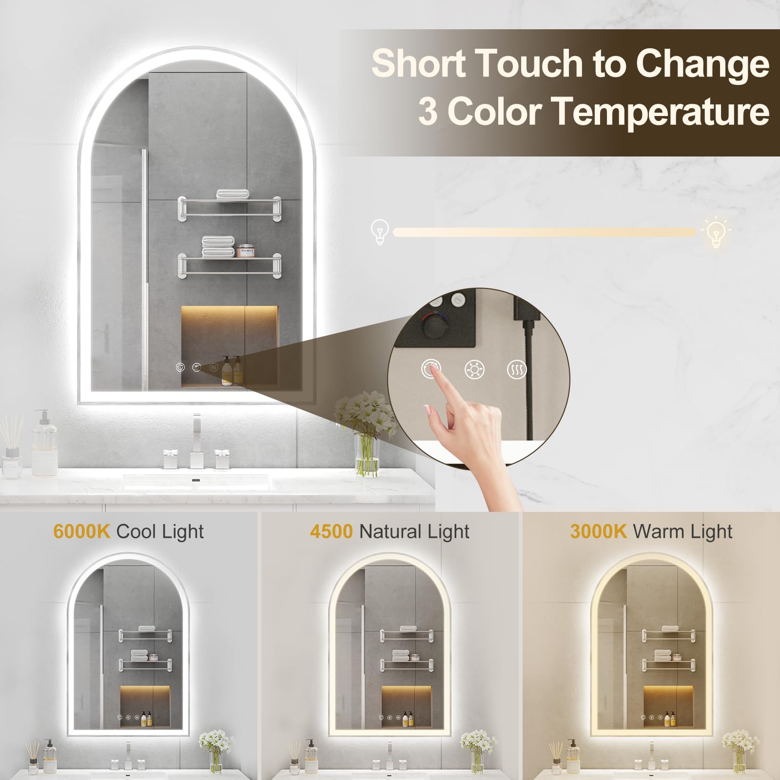 Oumusu Arched Led Bathroom Mirror 20''X30'' With Front And Backlight, Brushed Nickel Bathroom Mirror With Lights-Anti-Fog, Dimma