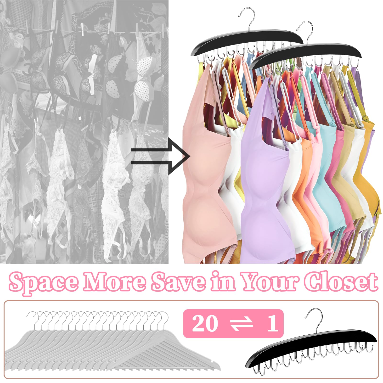 2 Pack Bra Organizer For Closet, 360 Rotating Bra Hanger Space Saving W/20 Foldable Metal Hooks, Tank Top Hanger Closet Organize