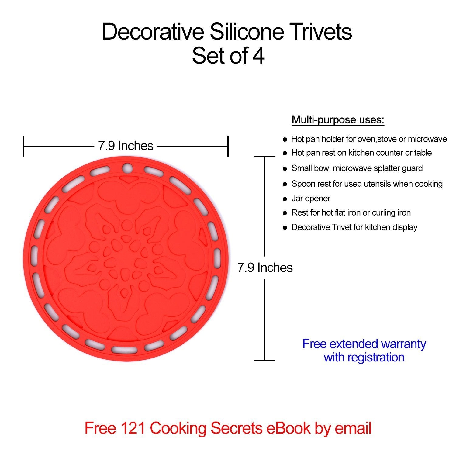 Silicone Hot Pads (Set Of 4) - 6 In 1 Multi-Purpose Kitchen Tool, Pot Holder, Splatter Guard, Microwave Cover, Jar Opener, Decor