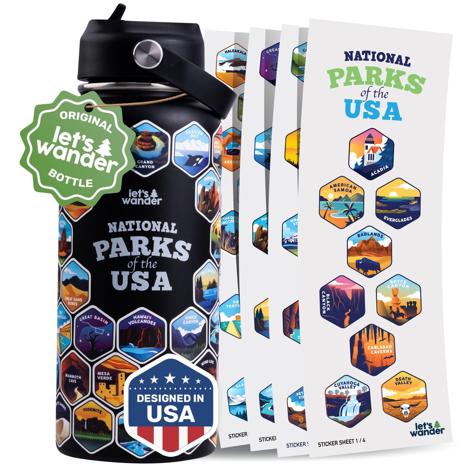 LET S WANDER National Parks Water Bottle with 2 Sets of 63 Waterproof Stickers - 32oz Leakproof Insulated Stainless Steel with 