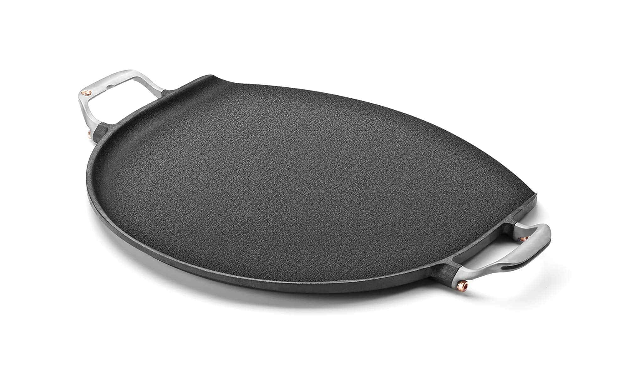 Outset Cast Iron Grill Skillet And Pan With Forged Handles For Pizza, Eggs, Pancakes, Burgers And Steaks, 14-Inch, Black