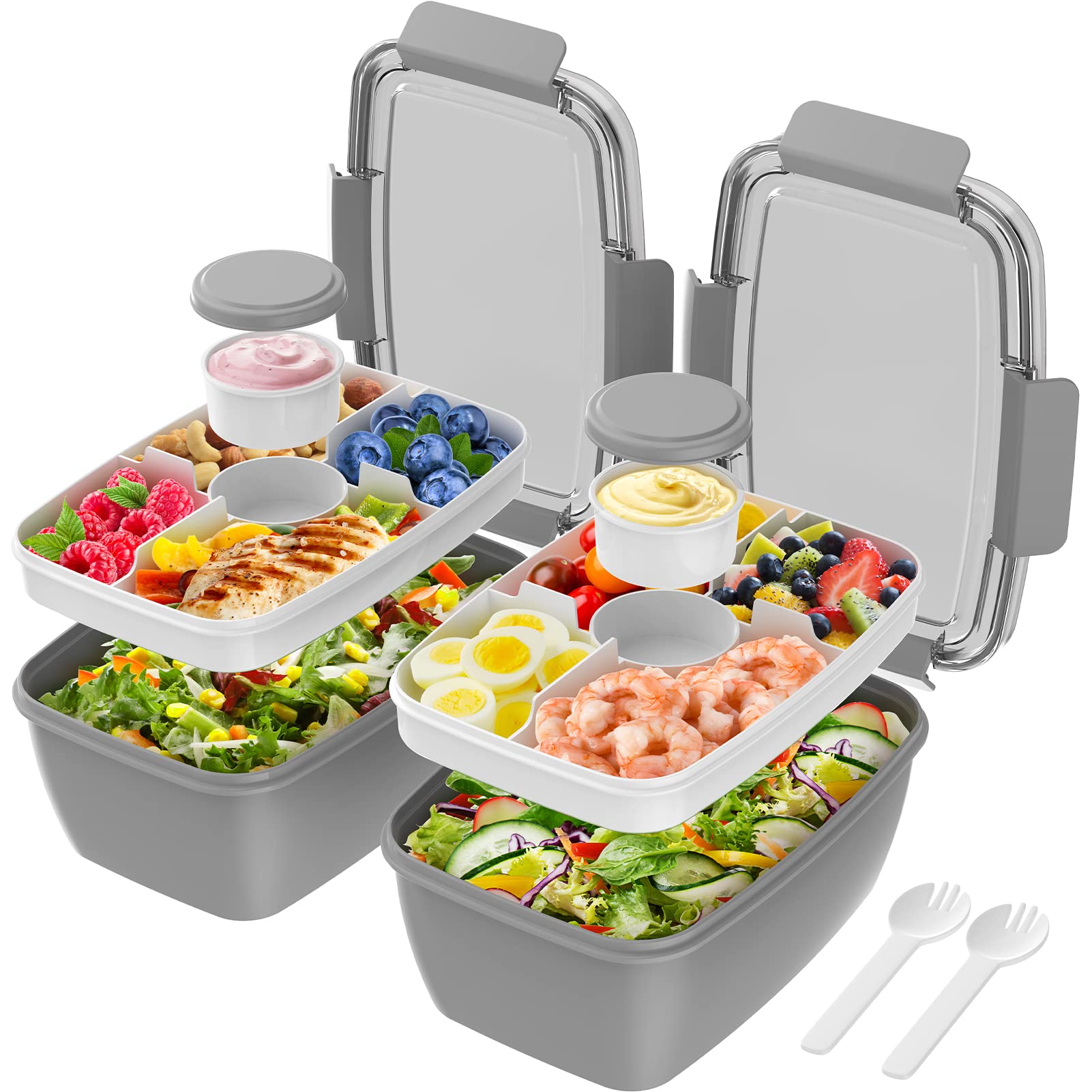 Cherrysea 2Pack Salad Lunch Container, 68Oz Salad Bowls With 4 Compartments Tray,Leak Proof Lunch Box With Fork For Men,Women Bp