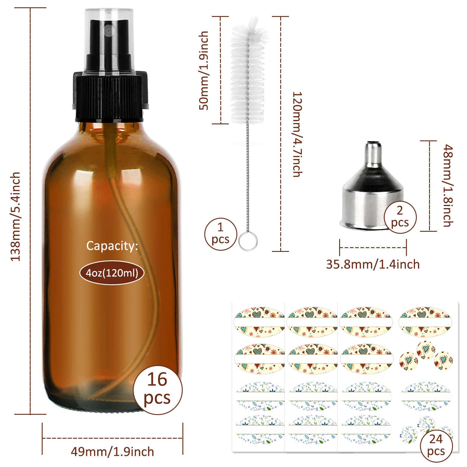 Cyclemore 120Ml 16Pcs 4Oz Amber Glass Spray Bottles With Fine Mist Sprayers, Glass Travel Bottles For Cosmetic Essential Oils Cl