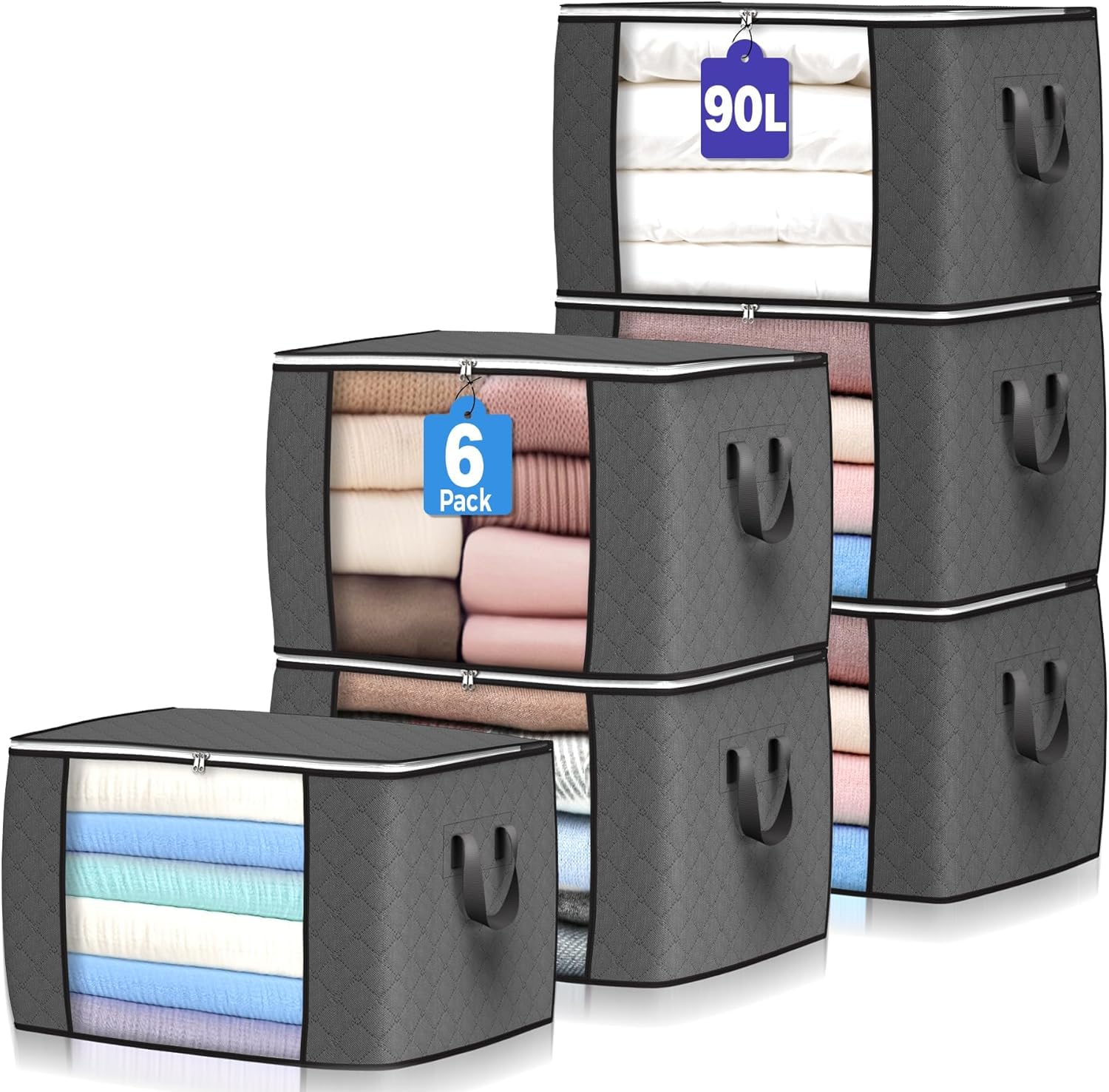 90L Large Storage Bags, 6 Pack Clothes Storage Bins Foldable Closet Organizers Storage Containers with Durable Handle for Clothi