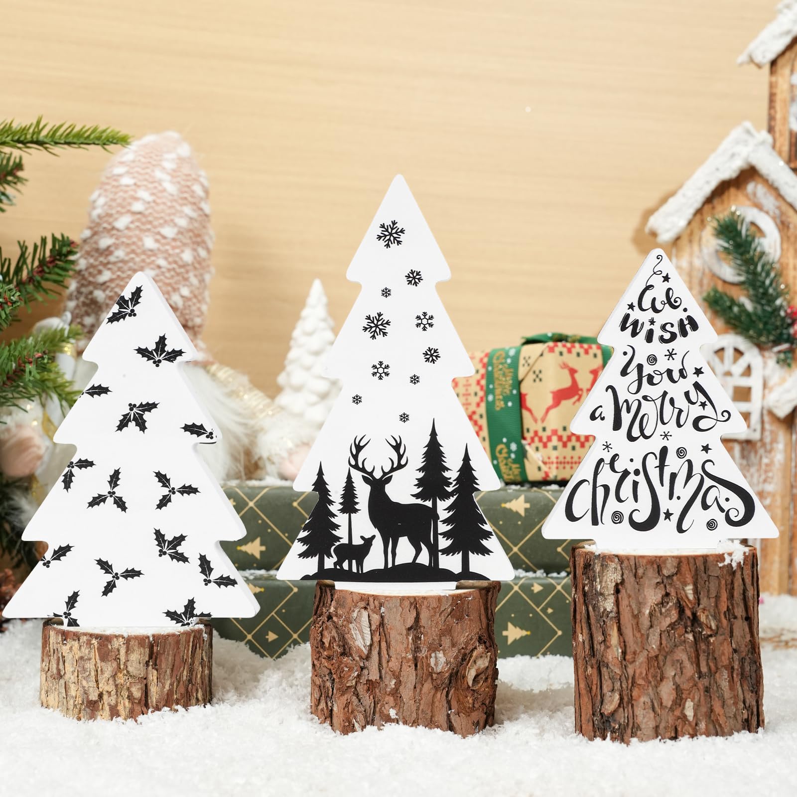 Sereliy 3 Pieces Christmas Tree Wooden Signs Black White Xmas Tiered Tray Decor for Christmas Home Tabletop Party Decor (Elk)