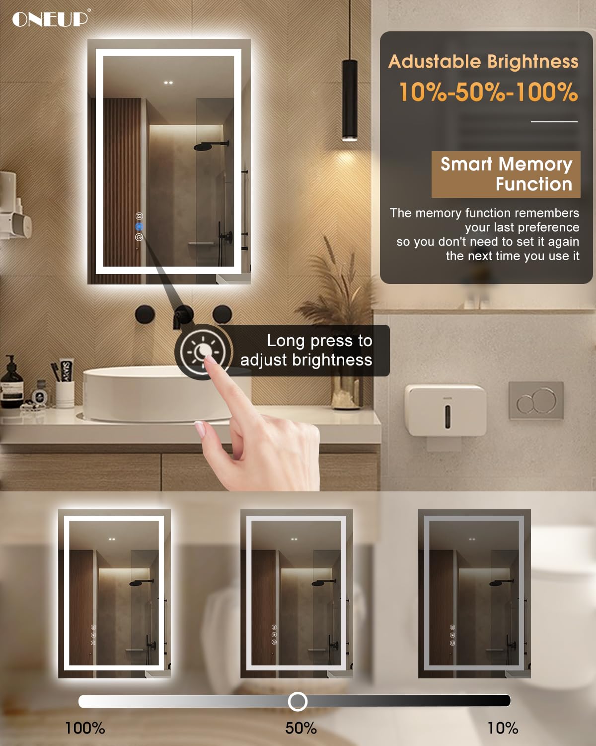 Oneup 16X24''Small Bathroom Mirror With Lights,Front Lighted Bathroom Mirror For Wall,Stepless Dimmable,Anti-Fog,Modern Led Vani