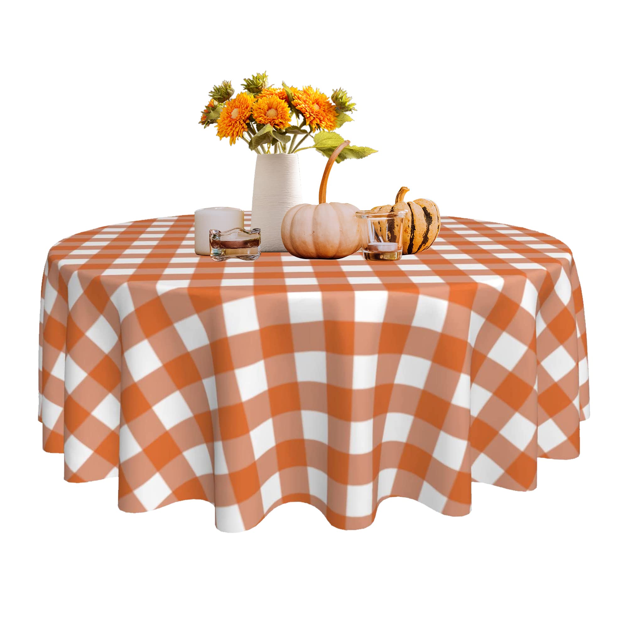 Suqkxco Thanksgiving Fall Orange White Autumn Buffalo Plaids Round Tablecloth 60 Inch Table Cloths Cover Mat Spill Proof Table C