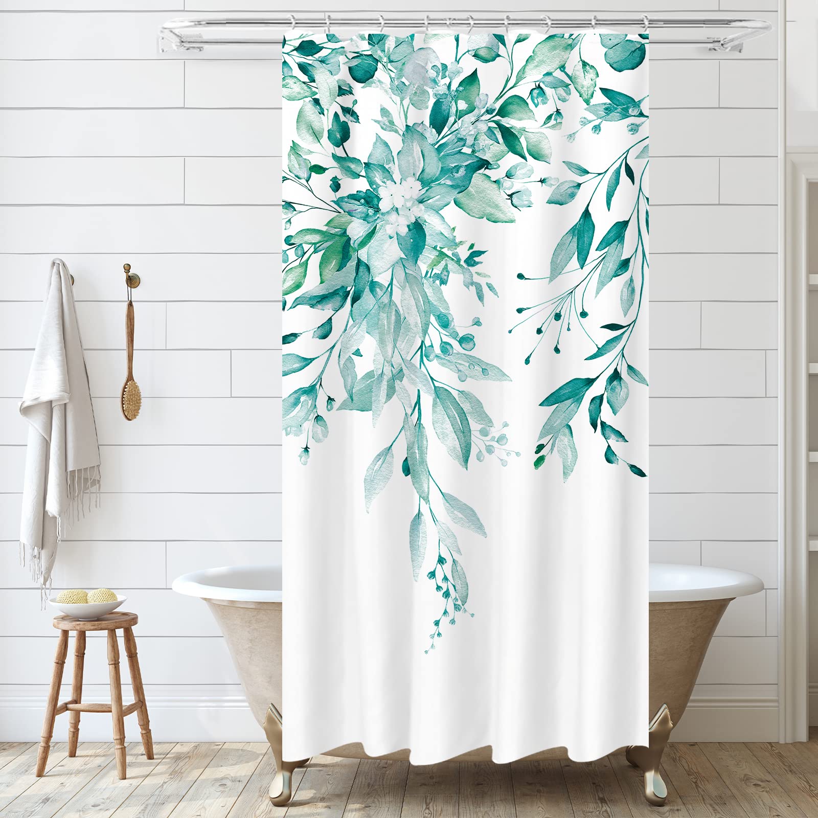 Tititex Teal Eucalyptus Shower Curtain Sets, Watercolor Turquoise Leaves On The Top Plant With Floral Bathroom Decoration 36X72