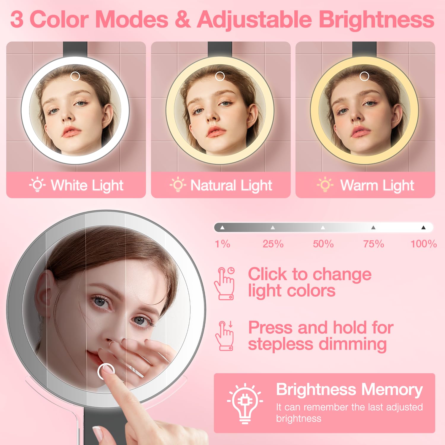 Benbilry Lighted Travel Makeup Mirror With 10X Magnification & 3 Color Lights, Adjustable Brightness & Stand, Tabletop & Hanging