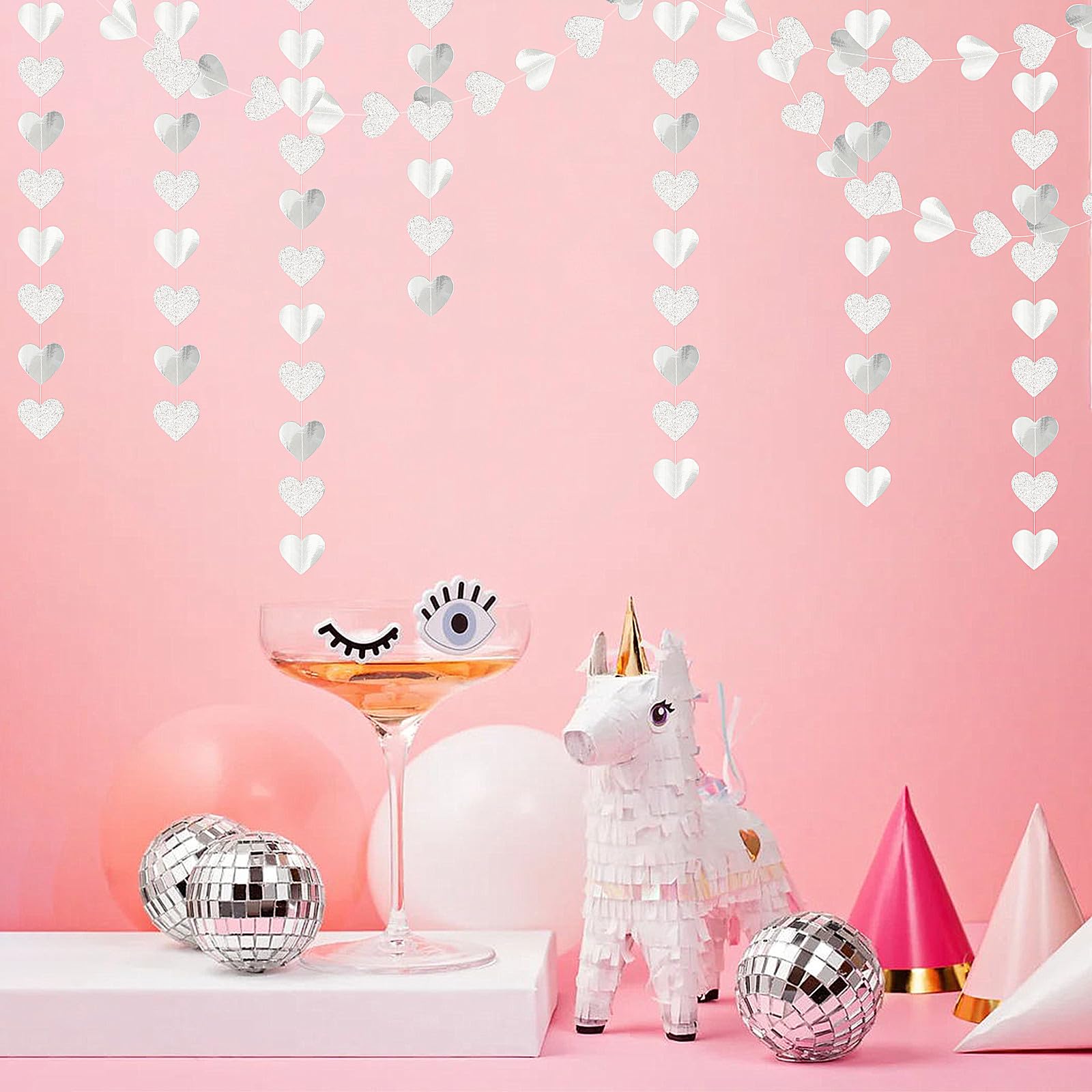 White -Silver Disco Party-Decoration Heart Garland - 52Ft Birthday New Years Eve Hanging Backdrop Streamers,Graduation Engagemen