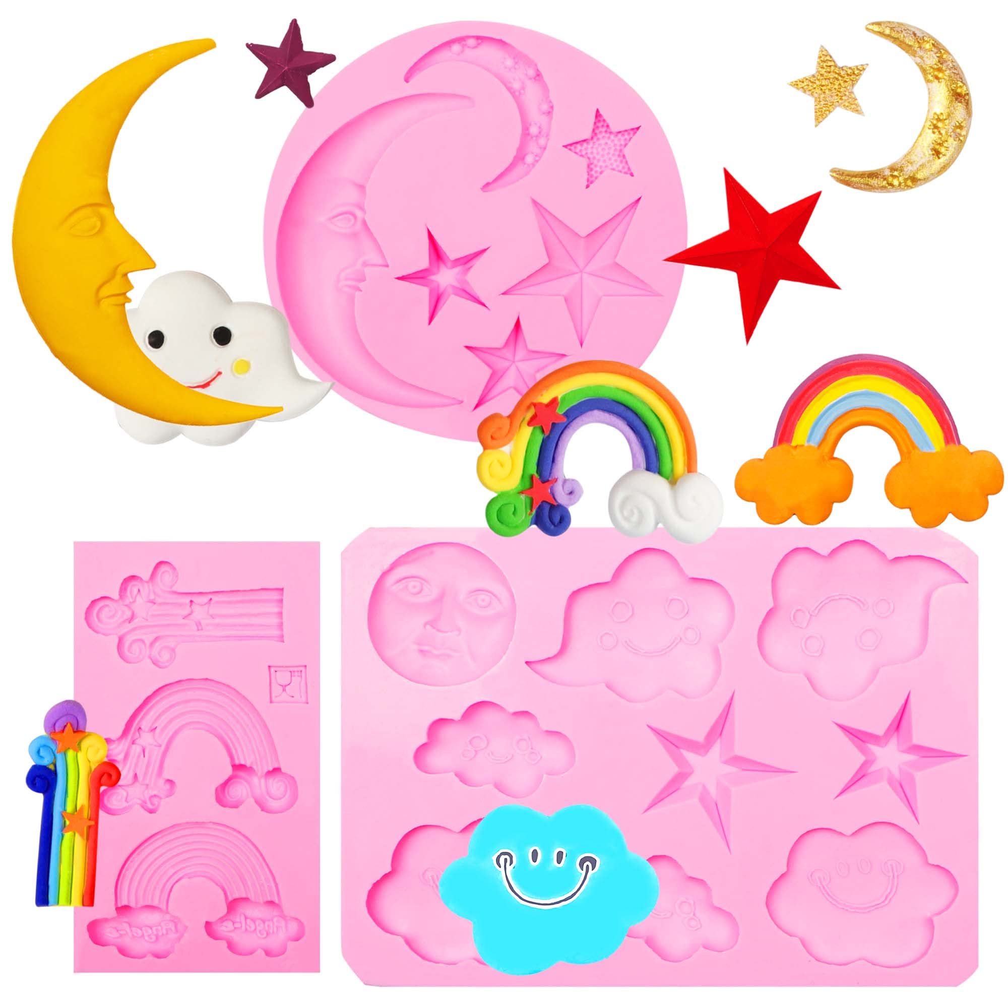 Muyulin Moon Star Chocolate Silicone Molds, 3 Packs Rainbow Fondant Molds For Cake Decoration, Baby Birthday Party Cupcake Toppe