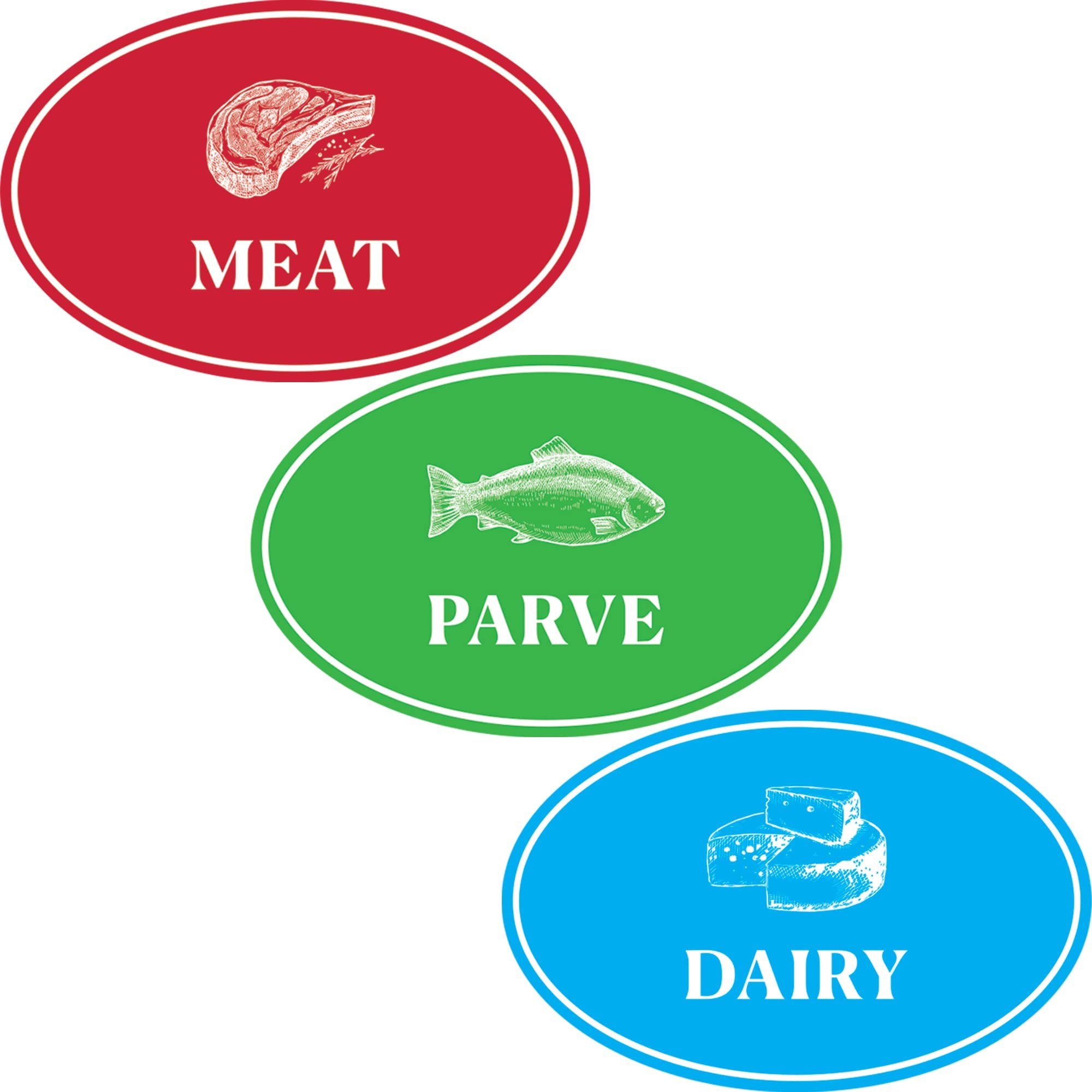 The Dreidel Company Assorted Kosher Labels, 16 Blue Dairy, 16 Red Meat, 16 Green Parve Stickers, Oven Proof Up To 500, Freezable